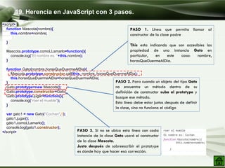 <script>
function Mascota(nombre){
this.nombre=nombre;
}
Mascota.prototype.comoLLamarlo=function(){
console.log("El nombre es: "+this.nombre);
}
function Gato(nombre,horasQueDuermeAlDia){
Mascota.prototype.constructor.call(this, nombre, horasQueDuermeAlDia);
this.horasQueDuermeAlDia=horasQueDuermeAlDia;
}
Gato.prototype=new Mascota();
Gato.prototype.constructor=Gato;
Gato.prototype.jugar=function(){
console.log("roer el mueble");
}
var gato1 = new Gato("Cochan",5);
gato1.jugar();
gato1.comoLLamarlo();
console.log(gato1.constructor);
</script>
19. Herencia en JavaScript con 3 pasos.
PASO 2. Para cuando un objeto del tipo Gato
no encuentre un método dentro de su
definición de constructor suba al prototype y
busque ese método.
Esta línea debe estar justos después de definir
la clase, sino no funciona el código
PASO 1. Línea que permita llamar al
constructor de la clase padre
This esta indicando que son accesibles las
propiedad de una instancia Gato en
particular, en este caso: nombre,
horasQueDuermeAlDia.
PASO 3. Si no se ubica esta línea con cada
instancia de la clase Gato usará el constructor
de la clase Mascota.
Justo después de sobreescribir el prototype
es donde hay que hacer esa corrección.
 