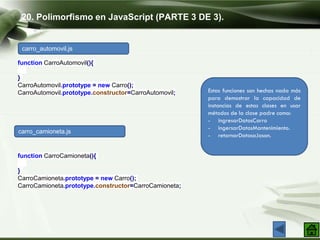 20. Polimorfismo en JavaScript (PARTE 3 DE 3).
carro_automovil.js
carro_camioneta.js
function CarroAutomovil(){
}
CarroAutomovil.prototype = new Carro();
CarroAutomovil.prototype.constructor=CarroAutomovil;
function CarroCamioneta(){
}
CarroCamioneta.prototype = new Carro();
CarroCamioneta.prototype.constructor=CarroCamioneta;
Estas funciones son hechas nada más
para demostrar la capacidad de
instancias de estas clases en usar
métodos de la clase padre como:
- ingresarDatosCarro
- ingersarDatosMantenimiento.
- retornarDatosaJason.
 