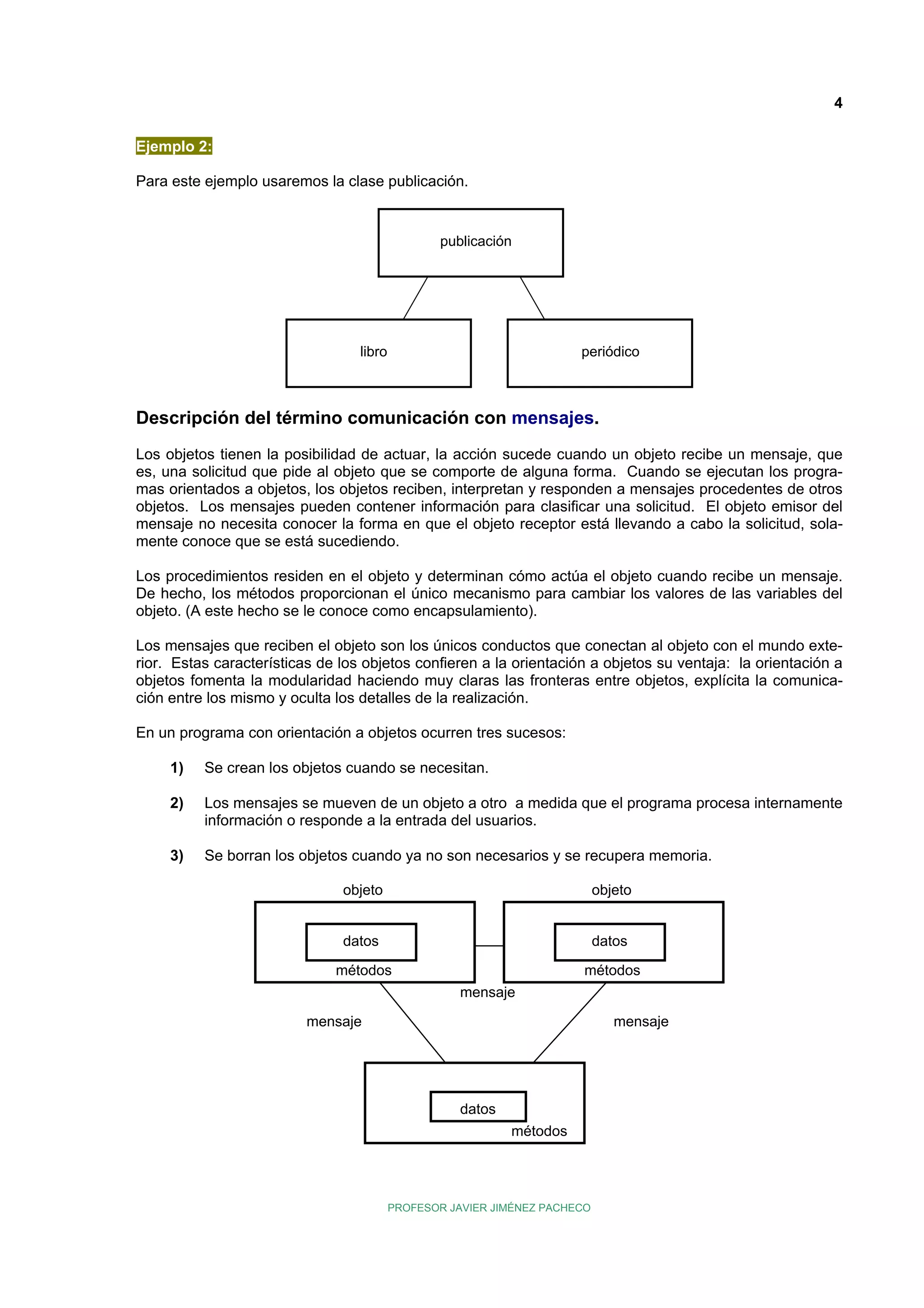 4
Ejemplo 2:
Para este ejemplo usaremos la clase publicación.

publicación

libro

periódico

Descripción del término comunicación con mensajes.
Los objetos tienen la posibilidad de actuar, la acción sucede cuando un objeto recibe un mensaje, que
es, una solicitud que pide al objeto que se comporte de alguna forma. Cuando se ejecutan los programas orientados a objetos, los objetos reciben, interpretan y responden a mensajes procedentes de otros
objetos. Los mensajes pueden contener información para clasificar una solicitud. El objeto emisor del
mensaje no necesita conocer la forma en que el objeto receptor está llevando a cabo la solicitud, solamente conoce que se está sucediendo.
Los procedimientos residen en el objeto y determinan cómo actúa el objeto cuando recibe un mensaje.
De hecho, los métodos proporcionan el único mecanismo para cambiar los valores de las variables del
objeto. (A este hecho se le conoce como encapsulamiento).
Los mensajes que reciben el objeto son los únicos conductos que conectan al objeto con el mundo exterior. Estas características de los objetos confieren a la orientación a objetos su ventaja: la orientación a
objetos fomenta la modularidad haciendo muy claras las fronteras entre objetos, explícita la comunicación entre los mismo y oculta los detalles de la realización.
En un programa con orientación a objetos ocurren tres sucesos:
1)

Se crean los objetos cuando se necesitan.

2)

Los mensajes se mueven de un objeto a otro a medida que el programa procesa internamente
información o responde a la entrada del usuarios.

3)

Se borran los objetos cuando ya no son necesarios y se recupera memoria.
objeto

objeto

datos

datos

métodos

métodos
mensaje

mensaje

mensaje

datos
métodos

PROFESOR JAVIER JIMÉNEZ PACHECO

 