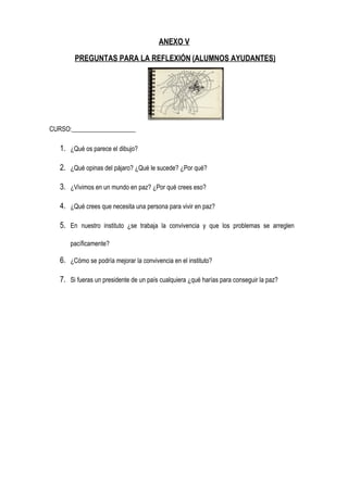 ANEXO V

        PREGUNTAS PARA LA REFLEXIÓN (ALUMNOS AYUDANTES)




CURSO:____________________

   1. ¿Qué os parece el dibujo?

   2. ¿Qué opinas del pájaro? ¿Qué le sucede? ¿Por qué?

   3. ¿Vivimos en un mundo en paz? ¿Por qué crees eso?

   4. ¿Qué crees que necesita una persona para vivir en paz?

   5. En  nuestro  instituto  ¿se  trabaja  la  convivencia  y  que  los  problemas  se  arreglen

       pacíficamente?

   6. ¿Cómo se podría mejorar la convivencia en el instituto?

   7. Si fueras un presidente de un país cualquiera ¿qué harías para conseguir la paz?
 