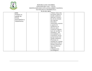 REPUBLICA DE COLOMBIA
                           SANTIAGO DE CALI – VALLE
                  INSTITUCION EDUCATIVA GUILLERMO VALENCIA
                          TECNOLOGIA E INFORMATICA
                                 PLAN DE AREA
SER:                                        Relato cómo mis
Trabajo en                                 acciones sobre el
equipo de                                  medio ambiente
forma                                      afectan a otros y
                                           las de los demás
participativa y
                                           me afectan.
colaborativa.                              Identifico
                                           materiales caseros
                                           y partes de
                                           artefactos en
                                           desuso para
                                           construir objetos
                                           que me ayudan a
                                           satisfacer mis
                                           necesidades y a
                                           contribuir con la
                                           preservación del
                                           medio ambiente.
                                           Participo en
                                           equipos de trabajo
                                           para desarrollar y
                                           probar proyectos
                                           que involucran
                                           algunos
                                           componentes
                                           tecnológicos.
 