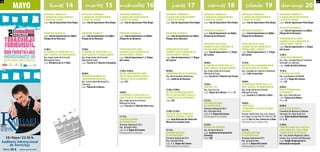 MAYO
22                                                                                                                                                                                                                                                                                                                          23

                  lunes 14                                 martes 15                              miércoles 16                                      jueves 17                               viernes 18                                 sábado 19                                  domingo 20
            EXPOSICIÓN “TORREVIEJA Y                   EXPOSICIÓN “TORREVIEJA Y                   EXPOSICIÓN “TORREVIEJA Y                   EXPOSICIÓN “TORREVIEJA Y                   EXPOSICIÓN “TORREVIEJA Y                   EXPOSICIÓN “TORREVIEJA Y                      EXPOSICIÓN “TORREVIEJA Y
            EL MUNDO UNA VISIÓN DIFERENTE              EL MUNDO UNA VISIÓN DIFERENTE              EL MUNDO UNA VISIÓN DIFERENTE              EL MUNDO UNA VISIÓN DIFERENTE              EL MUNDO UNA VISIÓN DIFERENTE              EL MUNDO UNA VISIÓN DIFERENTE                 EL MUNDO UNA VISIÓN DIFERENTE
            A TRAVÉS DEL IPHONE”                       A TRAVÉS DEL IPHONE”                       A TRAVÉS DEL IPHONE”                       A TRAVÉS DEL IPHONE”                       A TRAVÉS DEL IPHONE”                       A TRAVÉS DEL IPHONE”                          A TRAVÉS DEL IPHONE”
            Lugar: Sala de Exposiciones Vista Alegre   Lugar: Sala de Exposiciones Vista Alegre   Lugar: Sala de Exposiciones Vista Alegre   Lugar: Sala de Exposiciones Vista Alegre   Lugar: Sala de Exposiciones Vista Alegre   Lugar: Sala de Exposiciones Vista Alegre      Lugar: Sala de Exposiciones Vista Alegre

                                                                                                                                                                                                                                                                                 EXPOSICIÓN “ACUARELAS”
                                                                                                                                                                                        EXPOSICIÓN “ACUARELAS”                     EXPOSICIÓN “ACUARELAS”                        Lugar: Sala de Exposiciones Los Aljibes
            EXPOSICIÓN “ACUARELAS”                     EXPOSICIÓN “ACUARELAS”                     EXPOSICIÓN “ACUARELAS”                     EXPOSICIÓN “ACUARELAS”                     Lugar: Sala de Exposiciones Los Aljibes    Lugar: Sala de Exposiciones Los Aljibes       (Parque de las Naciones)
            Lugar: Sala de Exposiciones Los Aljibes    Lugar: Sala de Exposiciones Los Aljibes    Lugar: Sala de Exposiciones Los Aljibes    Lugar: Sala de Exposiciones Los Aljibes    (Parque de las Naciones)                   (Parque de las Naciones)
            (Parque de las Naciones)                   (Parque de las Naciones)                   (Parque de las Naciones)                   (Parque de las Naciones)                                                                                                            EXPOSICIÓN FIN DE CURSO
                                                                                                                                                                                                                                                                                 ALUMNOS ESCUELA MUNICIPAL DE
                                                                                                                                                                                        EXPOSICIÓN FIN DE CURSO                    EXPOSICIÓN FIN DE CURSO                       PINTURA NIÑOS Y JÓVENES
                                                                                                                                                                                        ALUMNOS ESCUELA MUNICIPAL DE               ALUMNOS ESCUELA MUNICIPAL DE                  Lugar: Sala de Exposiciones C. C. Virgen
            17:00 h.                                   19:00 h.                                   EXPOSICIÓN FIN DE CURSO                    EXPOSICIÓN FIN DE CURSO                    PINTURA NIÑOS Y JÓVENES                    PINTURA NIÑOS Y JÓVENES                       del Carmen
            IX CAMPAÑA DE TEATRO PARA LA 3ª            IX CAMPAÑA DE TEATRO PARA LA 3ª            ALUMNOS ESCUELA MUNICIPAL DE               ALUMNOS ESCUELA MUNICIPAL DE               Lugar: Sala de Exposiciones C. C. Virgen   Lugar: Sala de Exposiciones C. C. Virgen
            EDAD “SAINETES” DE RAMOS MARTÍN            EDAD “SAINETES” DE RAMOS MARTÍN            PINTURA NIÑOS Y JÓVENES                    PINTURA NIÑOS Y JÓVENES                    del Carmen                                 del Carmen                                    12:00 h.
            Org.: Grupo Senior de la Escuela           Org.: Grupo Senior de la Escuela           Lugar: Sala de Exposiciones C. C. Virgen   Lugar: Sala de Exposiciones C. C. Virgen                                                                                            CONCIERTO DE PRIMAVERA
            Municipal de Teatro.                       Municipal de Teatro.                       del Carmen                                 del Carmen                                                                                                                          Art. y Org.: Sociedad Musical “Ciudad de
            Lugar: Residencia de la 3ª Edad            Lugar: Casa de la 3ª Edad de El Acequión                                                                                         18:00 h.                                   17:30 h.                                      Torrevieja” Los Salerosos.
                                                                                                                                                                                        IX CAMPAÑA DE TEATRO PARA LA 3ª            MUESTRAS DE LA DENOMINACIÓN DE                Lugar: Jardín de Doña Sinforosa
                                                                                                                                                                                        EDAD “SAINETES” DE RAMOS MARTÍN            ORIGEN DE VINOS DE ALICANTE
                                                                                                  17:00 a 19:00 h.                           09:00 h.                                   Org.: Grupo Senior de la Escuela           Org.: Concejalía de Comercio y Hostelería.    19:30 h.
                                                       20:00 h.                                   MES DEL EMPRENDEDOR JOVEN                  CONMEMORACIÓN DÍA DE NORUEGA               Municipal de Teatro.                       Lugar: Calles Comerciales                     III FESTIVAL SAN ISIDRO
                                                       AUDICIÓN DE ALUMNOS DEL                    TALLER “OBLIGACIONES FISCALES Y            Org.: Real Consulado de Noruega.           Lugar: Casa de la 3ª Edad de San Pascual                                                 Org.: Casa Regional de Madrid.
                                                       CONSERVATORIO MUNICIPAL                    LABORALES DE LOS AUTÓNOMOS”                Lugar: Jardín de las Naciones                                                                                                       Lugar: C. C. Virgen del Carmen
                                                       Org.: Conservatorio Municipal Fco.         Lugar: CIAJ                                                                                                                      18:00 h.                                      Precio: 6€
                                                       Casanovas.                                                                                                                       19:00 h.                                   IX CAMPAÑA DE TEATRO PARA LA 3ª
                                                       Lugar: Palacio de la Música                                                                                                      CORO SOL Y SAL                             EDAD “SAINETES” DE RAMOS MARTÍN               20:00 h.
                                                                                                                                             17:00 a 19:00 h.                           Org.: Coro Sol y Sal.                      Org.: Grupo Senior de la Escuela              MÚSICA INTERNACIONAL
                                                                                                  18:00 h.                                   MES DEL EMPRENDEDOR JOVEN                  Lugar: Palacio de la Música • Precio: 3€   Municipal de Teatro.                          DE TORREVIEJA
                                                                                                  IX CAMPAÑA DE TEATRO PARA LA 3ª            TALLER “OBLIGACIONES FISCALES Y                                                       Lugar: Casa de la 3ª Edad de La Mata          Org.: Asoc. Interculturarte.
                                                                                                  EDAD “SAINETES” DE RAMOS MARTÍN            LABORALES DE LOS AUTÓNOMOS”                                                                                                         Lugar: Palacio de la Música
                                                                                                  Org.: Grupo Senior de la Escuela           Lugar: CIAJ                                21:15 h.                                                                                 Precio: 3€
                                                                                                  Municipal de Teatro.                                                                  CERTAMEN NACIONAL                          18:00 h.
                                                                                                  Lugar: Casa de la 3ª Edad de Pedro Lorca                                              DE CORTOMETRAJES                           CONFERENCIA                                   20:00 h.
                                                                                                                                                                                        Torrevieja Audiovisual 2012.               “ASTRONOMÍA: LAS COSAS DE NANCY               GALA DE BAILE BENÉFICA
                                                                                                                                             21:00 a 23:30 h.                           Org.: Turmalina Films.                     HATHAWAY”                                     A beneficio de Alimentos Solidarios
                                                                                                                                             TALLER DE JAZZ DE TORREVIEJA               Lugar: C. C. Virgen del Carmen             Ponente: Aurelio Pons. Org.: Asoc. Vecinos    Torrevieja. Art.: Beat Under Sun.
                                                                                                  21:15 h.                                   “ARMONÍA MODERNA Y COMBO”                  Entrada gratuita con invitación.           de La Mata. Tel. 966 926 310 / 607 815 748    Lugar: Teatro Auditorio Municipal
                                                                                                  CERTAMEN NACIONAL                          Lugar: Aula Municipal de Cultura del                                                  Lugar: C/ Alta 19, Asoc. Vecinos de La Mata   Precio: 5€
                                                                                                  DE CORTOMETRAJES                           Museo de la Semana Santa                                                              Entrada libre hasta completar aforo.
                                                                                                  Torrevieja Audiovisual 2012.                                                          22:30 h.                                                                                 21:00 h.
                                                                                                  Org.: Turmalina Films.                                                                RAPHAEL EN CONCIERTO                                                                     CONCIERTO X ANIV. DE LA ESCUELA
                                                                                                  Lugar: C. C. Virgen del Carmen             21:15 h.                                   Org.: Horizonte Musical.                   21:15 h.                                      CORAL MUNICIPAL, CON LA OBRA
                                                                                                  Entrada gratuita con invitación.           CERTAMEN NACIONAL                          Lugar: Auditorio Internacional de          CERTAMEN NACIONAL                             “STABAT MATER” DE PERGOLESI
                                                                                                                                             DE CORTOMETRAJES                           Torrevieja                                 DE CORTOMETRAJES                              Art.: Coro Juvenil dirigido por Selena
                                                                                                                                             Torrevieja Audiovisual 2012.               Precio: 30€                                Torrevieja Audiovisual 2012.                  Cancino. Org.: Escuela Coral Municipal.
                                                                                                                                             Org.: Turmalina Films.                                                                Org.: Turmalina Films.                        Lugar: Templo Arciprestal de la
                                                                                                                                             Lugar: C. C. Virgen del Carmen                                                        Lugar: C. C. Virgen del Carmen                Inmaculada Concepción
                                                                                                                                             Entrada gratuita con invitación.                                                      Entrada gratuita con invitación.
 