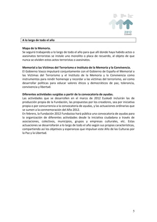A	
  lo	
  largo	
  de	
  todo	
  el	
  año	
  
	
  
Mapa	
  de	
  la	
  Memoria.	
  
Se	
  seguirá	
  trabajando	
  a	
  lo	
  largo	
  de	
  todo	
  el	
  año	
  para	
  que	
  allí	
  donde	
  haya	
  habido	
  actos	
  o	
  
asesinatos	
   terroristas	
   se	
   instale	
   uno	
   monolito	
   o	
   placa	
   de	
   recuerdo,	
   al	
   objeto	
   de	
   que	
  
nunca	
  se	
  olviden	
  estos	
  actos	
  terroristas	
  o	
  asesinatos.	
  
	
  
Memorial	
  a	
  las	
  Víctimas	
  del	
  Terrorismo	
  e	
  Instituto	
  de	
  la	
  Memoria	
  y	
  la	
  Convivencia.	
  
El	
   Gobierno	
   Vasco	
   impulsará	
   conjuntamente	
   con	
   el	
   Gobierno	
   de	
   España	
   el	
   Memorial	
   a	
  
las	
   Víctimas	
   del	
   Terrorismo	
   y	
   el	
   Instituto	
   de	
   la	
   Memoria	
   y	
   la	
   Convivencia	
   como	
  
instrumentos	
  para	
  rendir	
  homenaje	
  y	
  recordar	
  a	
  las	
  víctimas	
  del	
  terrorismo,	
  así	
  como	
  
desarrollar	
   políticas	
   para	
   educar	
   valores	
   éticos	
   y	
   democráticos	
   de	
   paz,	
   tolerancia,	
  
convivencia	
  y	
  libertad.	
  

Diferentes	
  actividades	
  surgidas	
  a	
  partir	
  de	
  la	
  convocatoria	
  de	
  ayudas.	
  
Las	
   actividades	
   que	
   se	
   desarrollen	
   en	
   el	
   marco	
   de	
   2012	
   Euskadi	
   incluirán	
   las	
   de	
  
producción	
   propia	
   de	
   la	
   Fundación,	
   las	
   propuestas	
   por	
   los	
   creadores,	
   sea	
   por	
   iniciativa	
  
propia	
  o	
  por	
  concurrencia	
  a	
  la	
  convocatoria	
  de	
  ayudas,	
  y	
  las	
  actuaciones	
  ordinarias	
  que	
  
se	
  sumen	
  a	
  la	
  conmemoración	
  del	
  Año	
  2012.	
  
En	
  febrero,	
  la	
  Fundación	
  2012	
  Fundazioa	
  hará	
  pública	
  una	
  convocatoria	
  de	
  ayudas	
  para	
  
la	
   organización	
   de	
   diferentes	
   actividades	
   desde	
   la	
   iniciativa	
   ciudadana	
   a	
   través	
   de	
  
asociaciones,	
   colectivos,	
   municipios,	
   grupos	
   y	
   empresas	
   culturales,	
   etc.	
   Estas	
  
actuaciones	
  se	
  desarrollarán	
  a	
  lo	
  largo	
  de	
  todo	
  el	
  año	
  según	
  sus	
  propias	
  características,	
  
compartiendo	
  así	
  los	
  objetivos	
  y	
  esperanzas	
  que	
  impulsan	
  este	
  Año	
  de	
  las	
  Culturas	
  por	
  
la	
  Paz	
  y	
  la	
  Libertad.	
  
	
  




                                                                                                                                           5
 