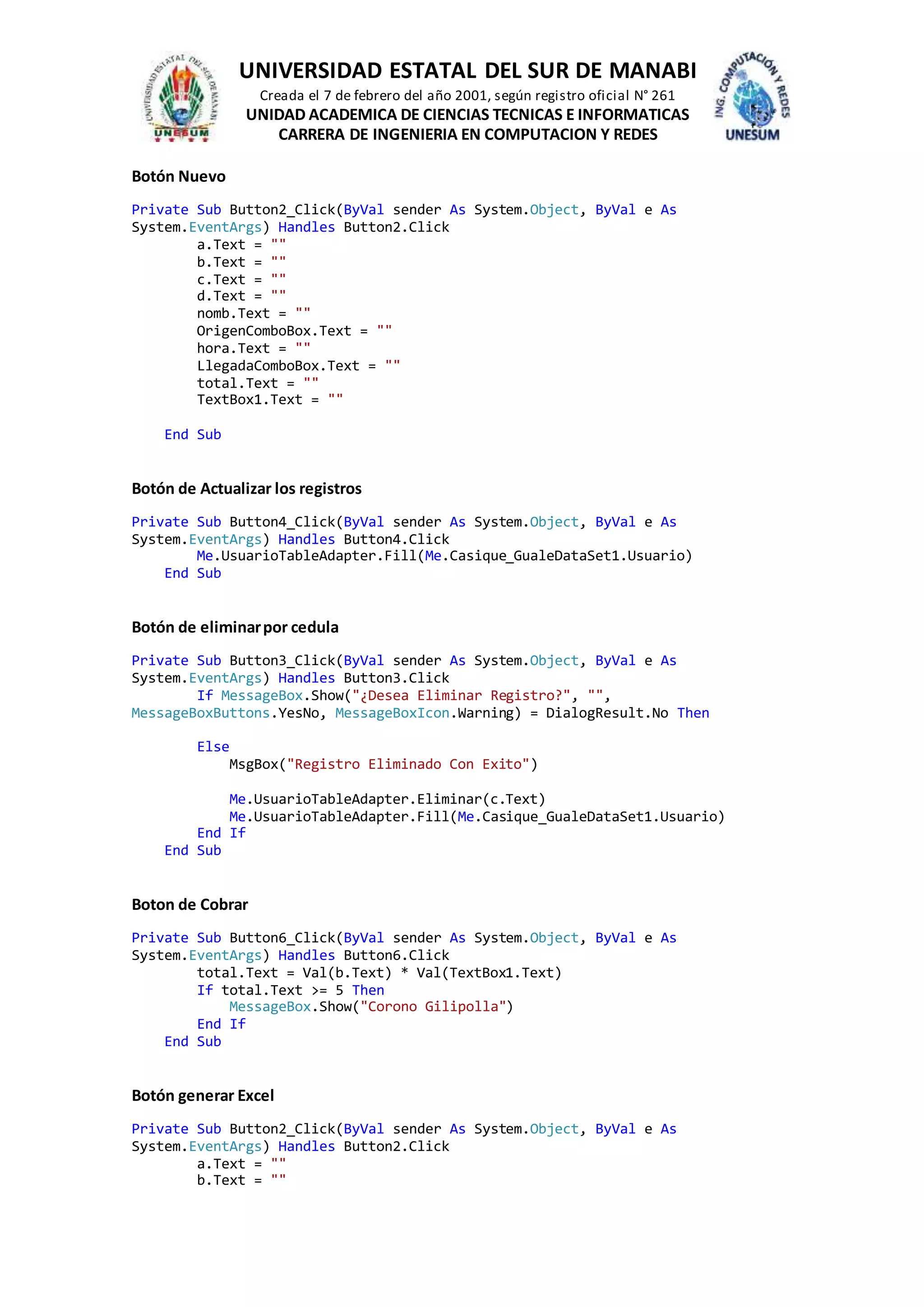 UNIVERSIDAD ESTATAL DEL SUR DE MANABI
Creada el 7 de febrero del año 2001, según registro oficial N° 261
UNIDAD ACADEMICA DE CIENCIAS TECNICAS E INFORMATICAS
CARRERA DE INGENIERIA EN COMPUTACION Y REDES
Botón Nuevo
Private Sub Button2_Click(ByVal sender As System.Object, ByVal e As
System.EventArgs) Handles Button2.Click
a.Text = ""
b.Text = ""
c.Text = ""
d.Text = ""
nomb.Text = ""
OrigenComboBox.Text = ""
hora.Text = ""
LlegadaComboBox.Text = ""
total.Text = ""
TextBox1.Text = ""
End Sub
Botón de Actualizar los registros
Private Sub Button4_Click(ByVal sender As System.Object, ByVal e As
System.EventArgs) Handles Button4.Click
Me.UsuarioTableAdapter.Fill(Me.Casique_GualeDataSet1.Usuario)
End Sub
Botón de eliminarpor cedula
Private Sub Button3_Click(ByVal sender As System.Object, ByVal e As
System.EventArgs) Handles Button3.Click
If MessageBox.Show("¿Desea Eliminar Registro?", "",
MessageBoxButtons.YesNo, MessageBoxIcon.Warning) = DialogResult.No Then
Else
MsgBox("Registro Eliminado Con Exito")
Me.UsuarioTableAdapter.Eliminar(c.Text)
Me.UsuarioTableAdapter.Fill(Me.Casique_GualeDataSet1.Usuario)
End If
End Sub
Boton de Cobrar
Private Sub Button6_Click(ByVal sender As System.Object, ByVal e As
System.EventArgs) Handles Button6.Click
total.Text = Val(b.Text) * Val(TextBox1.Text)
If total.Text >= 5 Then
MessageBox.Show("Corono Gilipolla")
End If
End Sub
Botón generar Excel
Private Sub Button2_Click(ByVal sender As System.Object, ByVal e As
System.EventArgs) Handles Button2.Click
a.Text = ""
b.Text = ""
 