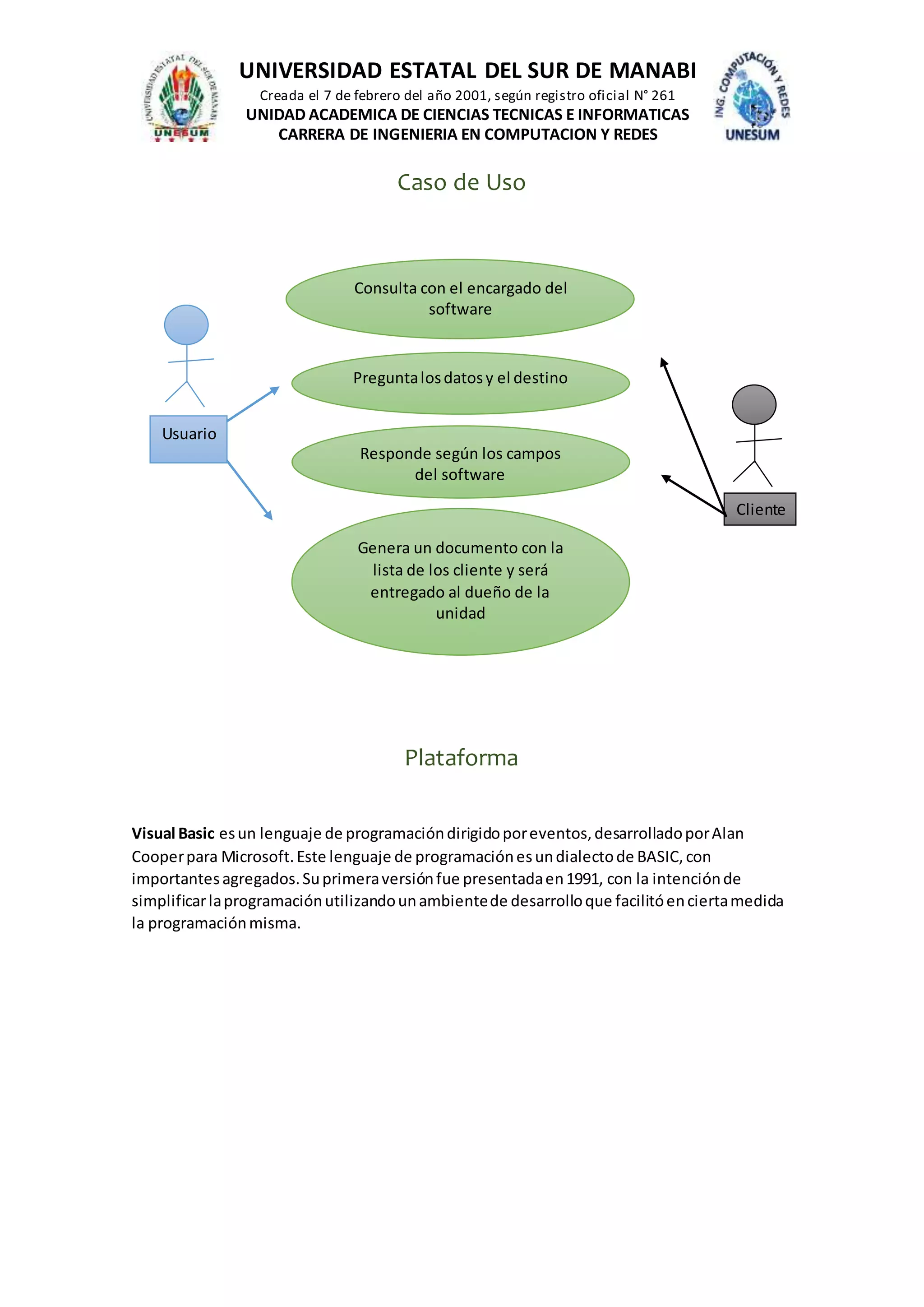 UNIVERSIDAD ESTATAL DEL SUR DE MANABI
Creada el 7 de febrero del año 2001, según registro oficial N° 261
UNIDAD ACADEMICA DE CIENCIAS TECNICAS E INFORMATICAS
CARRERA DE INGENIERIA EN COMPUTACION Y REDES
Caso de Uso
Plataforma
Visual Basic esun lenguaje de programacióndirigidoporeventos,desarrolladoporAlan
Cooperpara Microsoft.Este lenguaje de programaciónesundialectode BASIC,con
importantesagregados.Suprimeraversiónfue presentadaen1991, con la intenciónde
simplificarlaprogramaciónutilizandounambientede desarrolloque facilitóenciertamedida
la programaciónmisma.
Usuario
Cliente
Consulta con el encargado del
software
Preguntalosdatosy el destino
Responde según los campos
del software
Genera un documento con la
lista de los cliente y será
entregado al dueño de la
unidad
 