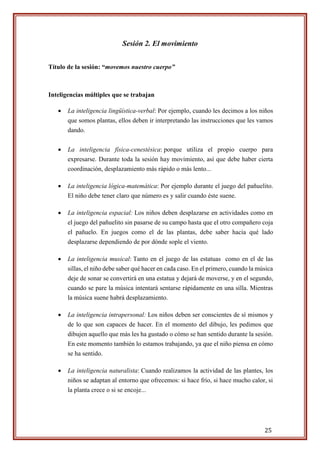25
Sesión 2. El movimiento
Título de la sesión: “movemos nuestro cuerpo”
Inteligencias múltiples que se trabajan
 La inteligencia lingüística-verbal: Por ejemplo, cuando les decimos a los niños
que somos plantas, ellos deben ir interpretando las instrucciones que les vamos
dando.
 La inteligencia física-cenestésica: porque utiliza el propio cuerpo para
expresarse. Durante toda la sesión hay movimiento, así que debe haber cierta
coordinación, desplazamiento más rápido o más lento...
 La inteligencia lógica-matemática: Por ejemplo durante el juego del pañuelito.
El niño debe tener claro que número es y salir cuando éste suene.
 La inteligencia espacial: Los niños deben desplazarse en actividades como en
el juego del pañuelito sin pasarse de su campo hasta que el otro compañero coja
el pañuelo. En juegos como el de las plantas, debe saber hacia qué lado
desplazarse dependiendo de por dónde sople el viento.
 La inteligencia musical: Tanto en el juego de las estatuas como en el de las
sillas, el niño debe saber qué hacer en cada caso. En el primero, cuando la música
deje de sonar se convertirá en una estatua y dejará de moverse, y en el segundo,
cuando se pare la música intentará sentarse rápidamente en una silla. Mientras
la música suene habrá desplazamiento.
 La inteligencia intrapersonal: Los niños deben ser conscientes de sí mismos y
de lo que son capaces de hacer. En el momento del dibujo, les pedimos que
dibujen aquello que más les ha gustado o cómo se han sentido durante la sesión.
En este momento también lo estamos trabajando, ya que el niño piensa en cómo
se ha sentido.
 La inteligencia naturalista: Cuando realizamos la actividad de las plantes, los
niños se adaptan al entorno que ofrecemos: si hace frío, si hace mucho calor, si
la planta crece o si se encoje...
 