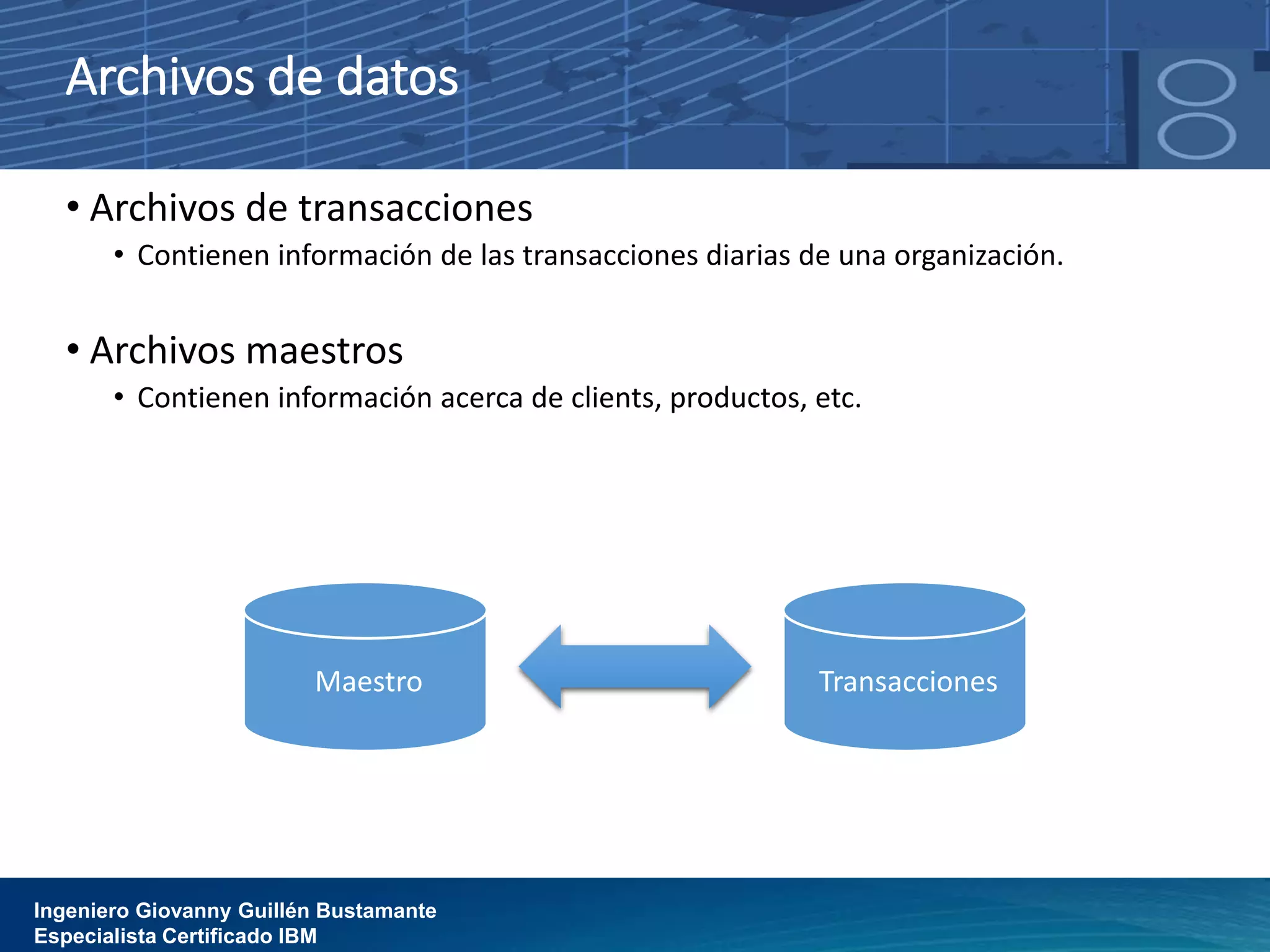 Archivos de datos
• Archivos de transacciones
• Contienen información de las transacciones diarias de una organización.
• Archivos maestros
• Contienen información acerca de clients, productos, etc.
Ingeniero Giovanny Guillén Bustamante
Especialista Certificado IBM
Maestro Transacciones
 