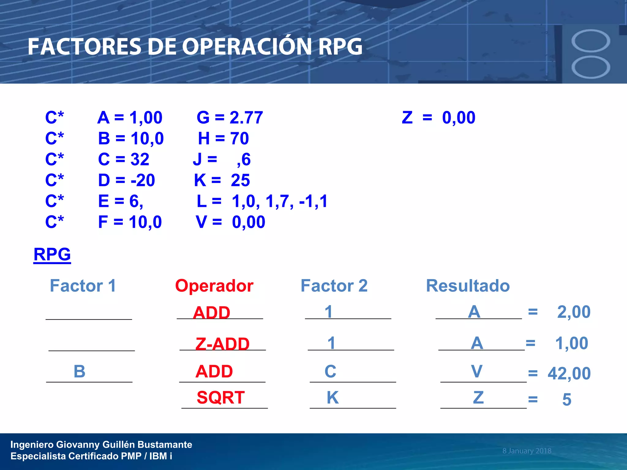 Ingeniero Giovanny Guillén Bustamante
Especialista Certificado PMP / IBM i
C* A = 1,00 G = 2.77 Z = 0,00
C* B = 10,0 H = 70
C* C = 32 J = ,6
C* D = -20 K = 25
C* E = 6, L = 1,0, 1,7, -1,1
C* F = 10,0 V = 0,00
Factor 1 Operador Factor 2 Resultado
ADD 1 A = 2,00
Z-ADD 1 A = 1,00
B ADD C V = 42,00
SQRT K Z = 5
RPG
 
