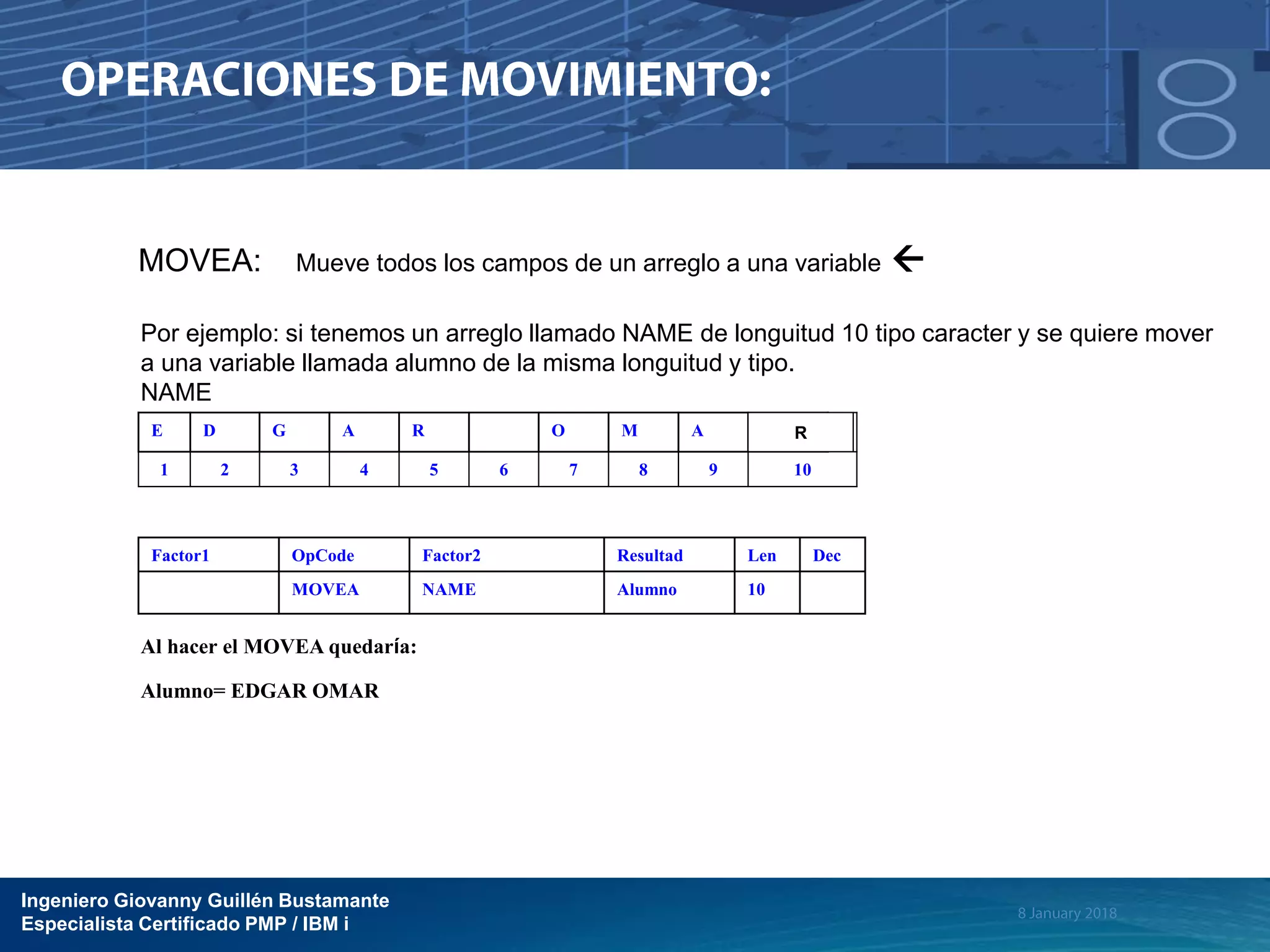Ingeniero Giovanny Guillén Bustamante
Especialista Certificado PMP / IBM i
MOVEA: Mueve todos los campos de un arreglo a una variable 
Por ejemplo: si tenemos un arreglo llamado NAME de longuitud 10 tipo caracter y se quiere mover
a una variable llamada alumno de la misma longuitud y tipo.
NAME
Factor1 OpCode Factor2 Resultad Len Dec
MOVEA NAME Alumno 10
Al hacer el MOVEA quedaría:
Alumno= EDGAR OMAR
E D G A R O M A R
1 2 3 4 5 6 7 8 9 10
R
 