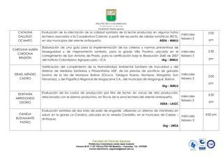 Facultad de Ciencias Agrarias
Politécnico Colombiano Jaime Isaza Cadavid
Carrera 48 N° 7-151 Oficina P38-109 Medellín – Colombia Tel: 3197909
Correo electrónico: eagrarias@elpoli.edu.co
CATALINA
GALLEGO
OCAMPO
Evaluación de la afectación de la calidad sanitaria de la leche producida en algunos hatos
lecheros asociados a la Cooperativa Colanta, a partir del recuento de células somáticas (RCS),
en dos municipios del oriente antioqueño. AEEA - MMLU
miércoles
febrero 3
2:00
pm
CAROLINA MARÍA
CARDONA
RENDÓN
Elaboración de una guía para la implementación de los criterios y normas preventivas de
bioseguridad y de mejoramiento sanitario, para la granja Villa Paulina, ubicada en el
corregimiento de San Antonio de Prado, para la certificación bajo la Resolución 2640 de 2007
del Instituto Colombiano Agropecuario – ICA. IAg - MMLU
miércoles
febrero 3
2:30
pm
ISRAEL MÉNDEZ
CASTRO
Verificación del cumplimiento de la Normatividad Ambiental Sanitaria de Inocuidad y del
Sistema de Medidas Sanitarias y Fitosanitarias MSF, de las plantas de sacrificio de ganado
bovino de la Isla de Mompox, Bolívar (Cicuco, Talaigua Nuevo, Mompox, Margarita, San
Fernando), y del Frigorífico Regional de Magacarne S.A., del municipio de Magangué, Bolívar.
IAg - MMLU
miércoles
febrero 3
3:00
pm
ESTEFANÍA
ARREDONDO
OSORIO
Evaluación de los costos de producción por litro de leche, en vacas de alta producción,
relacionada con el sistema productivo, en fincas de la zona lechera del oriente antioqueño.
AEEA - LAGC
miércoles
febrero 3
3:30
pm
DANIELA
BUSTAMANTE
PATIÑO
Evaluación sanitaria de dos lotes de pollo de engorde, utilizando un sistema de monitoreo en
salud, en la granja La Carolina, ubicada en la vereda Cardalito, en el municipio de Caldas –
Antioquia.
IAg - JMSA
miércoles
febrero 3
4:00 pm
 