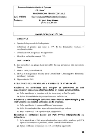 Departamento de Administración de Empresas
I.E.S. “Ágora”
PROGRAMACION TÉCNICA CONTABLE
Curso 2015/2016 Ciclo Formativo de GM de Gestión Administrativa
Profesores: Mª Jesús Pérez Bermejo
Pedro tena Alcalde
UNIDAD DIDÁCTICA 7: EL IVA
OBJETIVOS
− Conocer la importancia de los impuestos
− Determinar el proceso que sigue el IVA de los documentos recibidos y
expedidos/emitidos.
− Diferenciar el IVA soportado del repercutido
− Identificar las liquidaciones de IVA.
CONTENIDOS
1. Los impuestos y sus clases; Base Imponible; Tipo de gravamen o tipo impositivo;
Cuota
2. El IVA. Fases y contabilización
3. El IVA en la Legislación Fiscal y en la Contabilidad. Libros registros de facturas
expedidas y recibidas.
4. Liquidación del IVA.
RESULTADOS DE APRENDIZAJE Y CRITERIOS DE EVALUACIÓN
Reconoce los elementos que integran el patrimonio de una
organización económica clasificándolos en masas patrimoniales.
a) Se ha identificado la importancia de los impuestos y su función social.
b) Se han diferenciado los impuestos directos de los indirectos.
Reconoce la metodología contable analizando la terminología y los
instrumentos contables utilizados en la empresa.
c) Se ha identificado el proceso del IVA en las empresas
d) Se ha diferenciando el IVA soportado deducible del que no lo es.
e) Se ha identificado IVA soportado e IVA repercutido.
Identifica el contenido básico del PGC PYMEs interpretando su
estructura.
f) Se ha identificado el IVA soportado deducible como crédito pendiente y el IVA
repercutido como deuda pendiente, ambos con la Hacienda Pública.
g) Se han codificado operaciones con IVA soportado y repercutido.
22
 