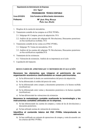 Departamento de Administración de Empresas
I.E.S. “Ágora”
PROGRAMACION TÉCNICA CONTABLE
Curso 2015/2016 Ciclo Formativo de GM de Gestión Administrativa
Profesores: Mª Jesús Pérez Bermejo
Pedro tena Alcalde
1. Desglose de la cuenta de mercaderías.
2. Tratamiento contable de las compras en el PGC PYMEs.
2.1. Subgrupo 60. Compras, precio de adquisición. IVA
2.2. Análisis de las cuentas del subgrupo 60. Devoluciones, Descuentos posteriores
en fras rectificativas recibidas. IVA
3. Tratamiento contable de las ventas en el PGC PYMEs.
3.1. Subgrupo 70. Ventas de mercaderías. IVA
3.2. Análisis de las cuentas del subgrupo 70. Devoluciones, Descuentos posteriores
en fras rectificativas expedidas.IVA
4. Tratamiento de las existencias
4.1. Valoración de existencias. Análisis de su importancia en el ciclo
5. Liquidación del impuesto.
RESULTADOS DE APRENDIZAJE Y CRITERIOS DE EVALUACIÓN
Reconoce los elementos que integran el patrimonio de una
organización económica clasificándolos en masas patrimoniales.
a) Se ha diferenciado la deuda con suministradores del precio de adquisición.
b) Se ha diferenciado el crédito del precio de venta.
c) Se ha diferenciado entre compra y documentos posteriores a la factura recibida
(rectificativas)
d) Se ha diferenciado entre ventas y documentos posteriores a la factura expedida
(rectificativas)
e) Se han diferenciado las valoraciones de existencias
Reconoce la metodología contable analizando la terminología y los
instrumentos contables utilizados en la empresa.
f) Se han diferenciando las cuentas de compras y ventas de las de devoluciones y
descuentos posteriores.
g) Se han utilizado normas de valoración de existencias.
Identifica el contenido básico del PGC PYMEs interpretando su
estructura
h) Se han codificado un conjunto de operaciones de compra y venta de acuerdo con
los criterios del PGC PYMEs.
24
 