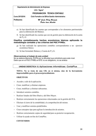 Departamento de Administración de Empresas
I.E.S. “Ágora”
PROGRAMACION TÉCNICA CONTABLE
Curso 2015/2016 Ciclo Formativo de GM de Gestión Administrativa
Profesores: Mª Jesús Pérez Bermejo
Pedro tena Alcalde
e) Se han identificado las cuentas que corresponden a los elementos patrimoniales
para la elaboración del Balance.
f) Se han identificado las cuentas que son de gestión para la elaboración de la uenta
de P y G
Clasifica contablemente hechos económicos básicos aplicando la
metodología contable y los criterios del PGC PYMEs.
g) Se han realizado las operaciones contables correspondientes a un ejercicio
económico básico.
h) Se han formulado Balance y Cuenta de P y G.
Observaciones al trabajo de esta unidad:
No se elabora Memoria, ECPN por la dificultad que entrañaría para este nivel.
Dado que en el PGC PYMEs el EFE no es obligatorio, no se analiza
UNIDAD DIDÁCTICA 12. Aplicaciones informáticas: ContaPlus
NOTA: No se trata de una UD, en sí misma, sino de la herramienta
imprescindible para el proceso/procedimiento
OBJETIVOS
− Acceder y salir de la aplicación.
− Crear, modificar y eliminar empresas.
− Crear, modificar y eliminar subcuentas.
− Introducir asientos contables.
− Realizar listados del libro Diario y del libro Mayor.
− Realizar correctamente las operaciones relacionadas con la gestión del IVA.
− Efectuar el cierre de la contabilidad y la comprobación del mismo.
− Usar y modificar asientos predefinidos.
− Crear conceptos tipo para agilizar la introducción de asientos.
− Realizar correctamente copias de seguridad para su posterior recuperación.
− Utilizar la ayuda on-line de ContaPlus.
CONTENIDOS
31
 
