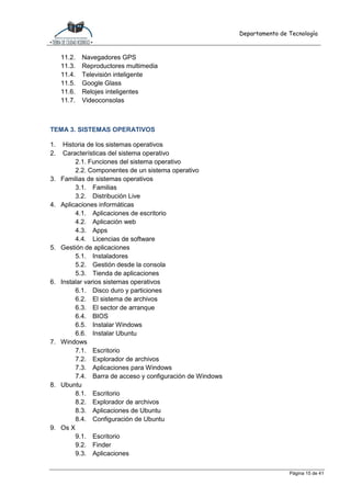 Departamento de Tecnología
Página 15 de 41
11.2. Navegadores GPS
11.3. Reproductores multimedia
11.4. Televisión inteligente
11.5. Google Glass
11.6. Relojes inteligentes
11.7. Videoconsolas
TEMA 3. SISTEMAS OPERATIVOS
1. Historia de los sistemas operativos
2. Características del sistema operativo
2.1. Funciones del sistema operativo
2.2. Componentes de un sistema operativo
3. Familias de sistemas operativos
3.1. Familias
3.2. Distribución Live
4. Aplicaciones informáticas
4.1. Aplicaciones de escritorio
4.2. Aplicación web
4.3. Apps
4.4. Licencias de software
5. Gestión de aplicaciones
5.1. Instaladores
5.2. Gestión desde la consola
5.3. Tienda de aplicaciones
6. Instalar varios sistemas operativos
6.1. Disco duro y particiones
6.2. El sistema de archivos
6.3. El sector de arranque
6.4. BIOS
6.5. Instalar Windows
6.6. Instalar Ubuntu
7. Windows
7.1. Escritorio
7.2. Explorador de archivos
7.3. Aplicaciones para Windows
7.4. Barra de acceso y configuración de Windows
8. Ubuntu
8.1. Escritorio
8.2. Explorador de archivos
8.3. Aplicaciones de Ubuntu
8.4. Configuración de Ubuntu
9. Os X
9.1. Escritorio
9.2. Finder
9.3. Aplicaciones
 
