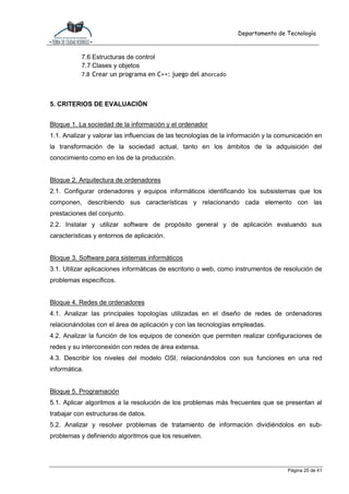 Departamento de Tecnología
Página 25 de 41
7.6 Estructuras de control
7.7 Clases y objetos
7.8 Crear un programa en C++: juego del ahorcado
5. CRITERIOS DE EVALUACIÓN
Bloque 1. La sociedad de la información y el ordenador
1.1. Analizar y valorar las influencias de las tecnologías de la información y la comunicación en
la transformación de la sociedad actual, tanto en los ámbitos de la adquisición del
conocimiento como en los de la producción.
Bloque 2. Arquitectura de ordenadores
2.1. Configurar ordenadores y equipos informáticos identificando los subsistemas que los
componen, describiendo sus características y relacionando cada elemento con las
prestaciones del conjunto.
2.2. Instalar y utilizar software de propósito general y de aplicación evaluando sus
características y entornos de aplicación.
Bloque 3. Software para sistemas informáticos
3.1. Utilizar aplicaciones informáticas de escritorio o web, como instrumentos de resolución de
problemas específicos.
Bloque 4. Redes de ordenadores
4.1. Analizar las principales topologías utilizadas en el diseño de redes de ordenadores
relacionándolas con el área de aplicación y con las tecnologías empleadas.
4.2. Analizar la función de los equipos de conexión que permiten realizar configuraciones de
redes y su interconexión con redes de área extensa.
4.3. Describir los niveles del modelo OSI, relacionándolos con sus funciones en una red
informática.
Bloque 5. Programación
5.1. Aplicar algoritmos a la resolución de los problemas más frecuentes que se presentan al
trabajar con estructuras de datos.
5.2. Analizar y resolver problemas de tratamiento de información dividiéndolos en sub-
problemas y definiendo algoritmos que los resuelven.
 