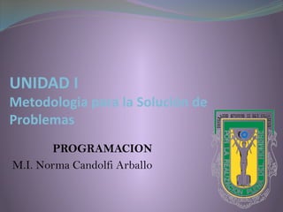 PROGRAMACION
M.I. Norma Candolfi Arballo
UNIDAD I
Metodologia para la Solución de
Problemas
 