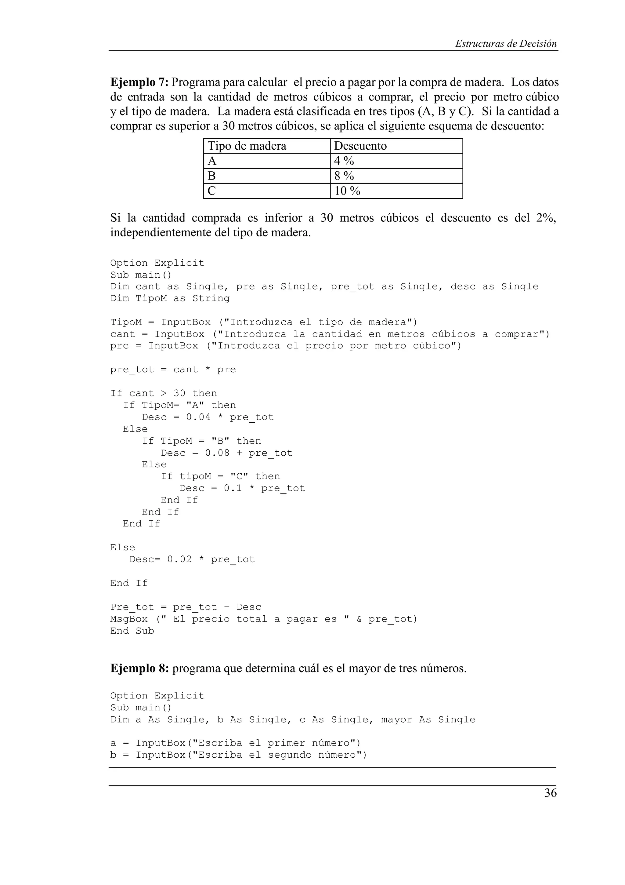 36
Estructuras de Decisión
Ejemplo 7: Programa para calcular el precio a pagar por la compra de madera. Los datos
de entrada son la cantidad de metros cúbicos a comprar, el precio por metro cúbico
y el tipo de madera. La madera está clasificada en tres tipos (A, B y C). Si la cantidad a
comprar es superior a 30 metros cúbicos, se aplica el siguiente esquema de descuento:
Tipo de madera Descuento
A 4 %
B 8 %
C 10 %
Si la cantidad comprada es inferior a 30 metros cúbicos el descuento es del 2%,
independientemente del tipo de madera.
Option Explicit
Sub main()
Dim cant as Single, pre as Single, pre_tot as Single, desc as Single
Dim TipoM as String
TipoM = InputBox ("Introduzca el tipo de madera")
cant = InputBox ("Introduzca la cantidad en metros cúbicos a comprar")
pre = InputBox ("Introduzca el precio por metro cúbico")
pre_tot = cant * pre
If cant > 30 then
If TipoM= "A" then
Desc = 0.04 * pre_tot
Else
If TipoM = "B" then
Desc = 0.08 + pre_tot
Else
If tipoM = "C" then
Desc = 0.1 * pre_tot
End If
End If
End If
Else
Desc= 0.02 * pre_tot
End If
Pre_tot = pre_tot – Desc
MsgBox (" El precio total a pagar es " & pre_tot)
End Sub
Ejemplo 8: programa que determina cuál es el mayor de tres números.
Option Explicit
Sub main()
Dim a As Single, b As Single, c As Single, mayor As Single
a = InputBox("Escriba el primer número")
b = InputBox("Escriba el segundo número")
 