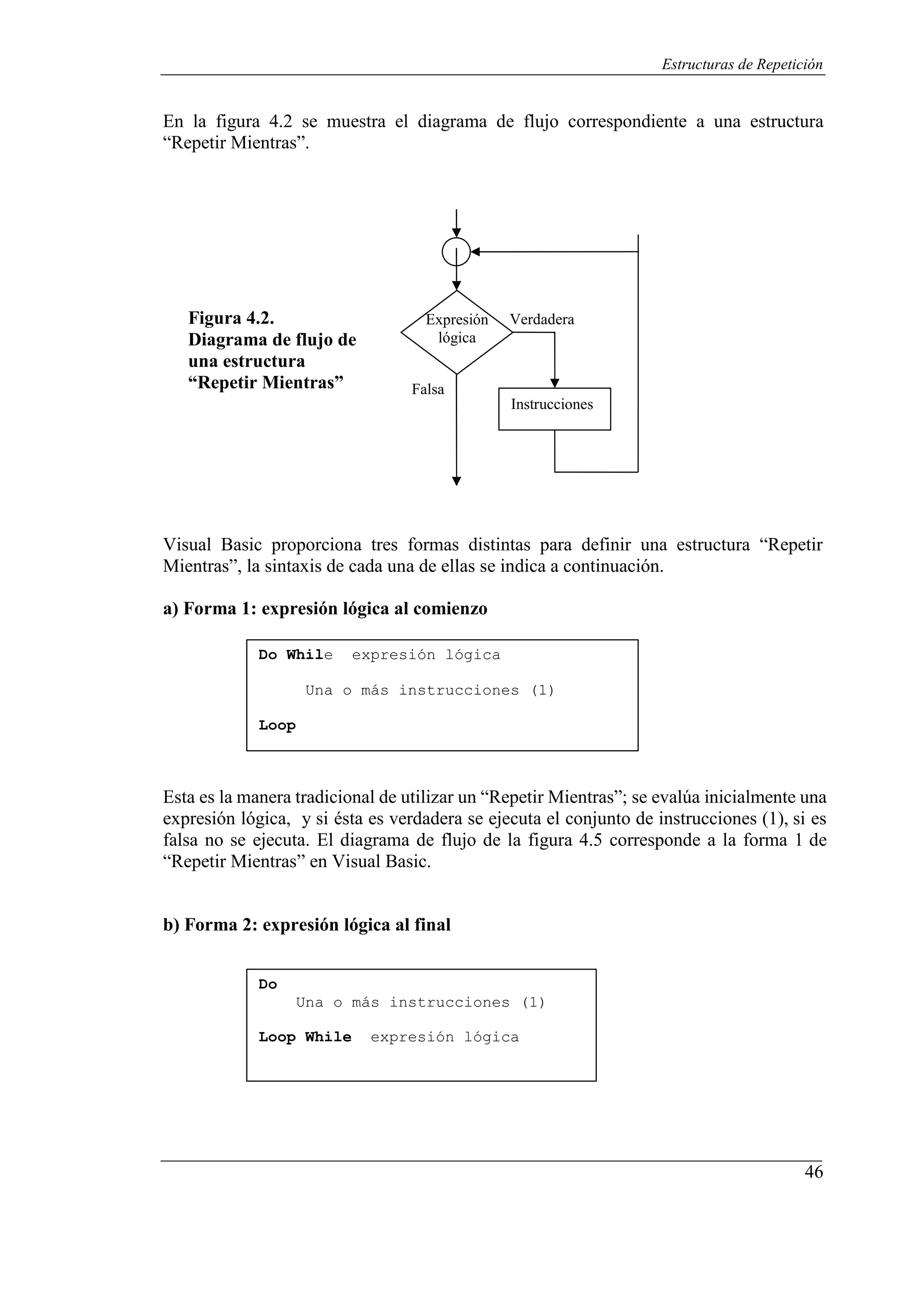 46
Estructuras de Repetición
En la figura 4.2 se muestra el diagrama de flujo correspondiente a una estructura
“Repetir Mientras”.
Figura 4.2.
Diagrama de flujo de
una estructura
“Repetir Mientras”
Expresión
lógica
Falsa
Verdadera
Instrucciones
Visual Basic proporciona tres formas distintas para definir una estructura “Repetir
Mientras”, la sintaxis de cada una de ellas se indica a continuación.
a) Forma 1: expresión lógica al comienzo
Do While expresión lógica
Una o más instrucciones (1)
Loop
Esta es la manera tradicional de utilizar un “Repetir Mientras”; se evalúa inicialmente una
expresión lógica, y si ésta es verdadera se ejecuta el conjunto de instrucciones (1), si es
falsa no se ejecuta. El diagrama de flujo de la figura 4.5 corresponde a la forma 1 de
“Repetir Mientras” en Visual Basic.
b) Forma 2: expresión lógica al final
Do
Una o más instrucciones (1)
Loop While expresión lógica
 