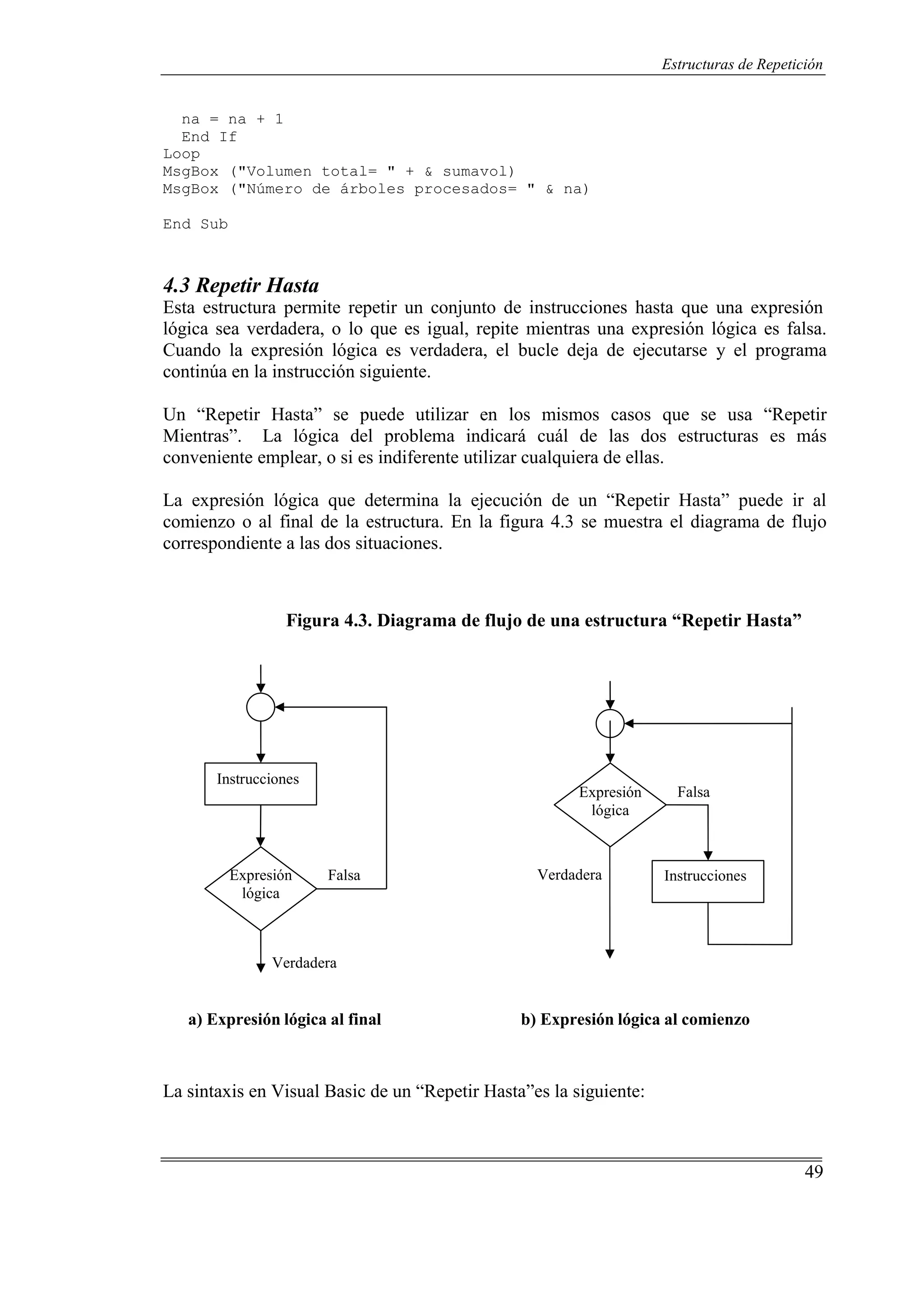 49
Estructuras de Repetición
na = na + 1
End If
Loop
MsgBox ("Volumen total= " + & sumavol)
MsgBox ("Número de árboles procesados= " & na)
End Sub
4.3 Repetir Hasta
Esta estructura permite repetir un conjunto de instrucciones hasta que una expresión
lógica sea verdadera, o lo que es igual, repite mientras una expresión lógica es falsa.
Cuando la expresión lógica es verdadera, el bucle deja de ejecutarse y el programa
continúa en la instrucción siguiente.
Un “Repetir Hasta” se puede utilizar en los mismos casos que se usa “Repetir
Mientras”. La lógica del problema indicará cuál de las dos estructuras es más
conveniente emplear, o si es indiferente utilizar cualquiera de ellas.
La expresión lógica que determina la ejecución de un “Repetir Hasta” puede ir al
comienzo o al final de la estructura. En la figura 4.3 se muestra el diagrama de flujo
correspondiente a las dos situaciones.
Figura 4.3. Diagrama de flujo de una estructura “Repetir Hasta”
Instrucciones
Expresión
lógica
Falsa
Expresión
lógica
Falsa Verdadera Instrucciones
Verdadera
a) Expresión lógica al final b) Expresión lógica al comienzo
La sintaxis en Visual Basic de un “Repetir Hasta”es la siguiente:
 