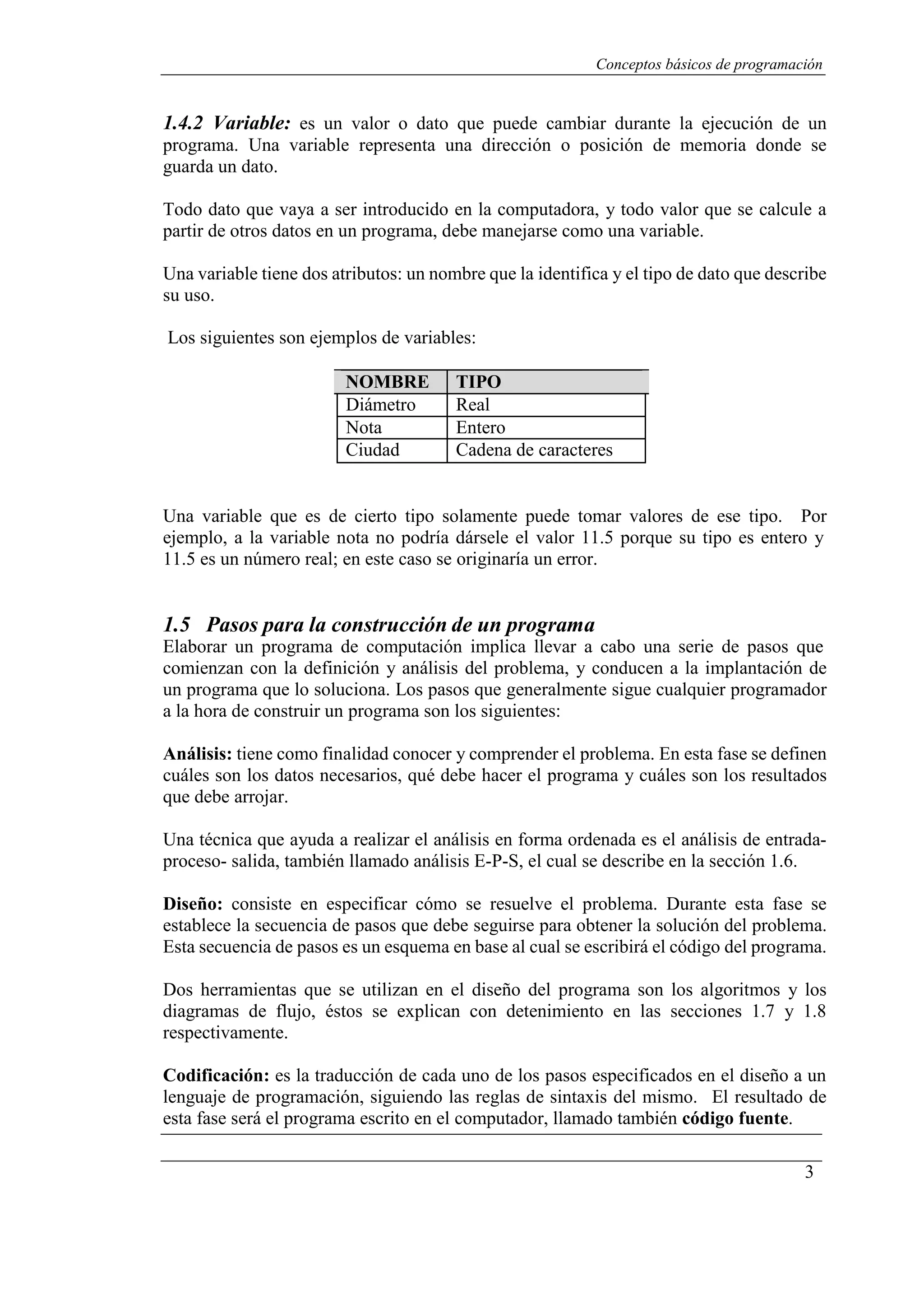 Conceptos básicos de programación
3
1.4.2 Variable: es un valor o dato que puede cambiar durante la ejecución de un
programa. Una variable representa una dirección o posición de memoria donde se
guarda un dato.
Todo dato que vaya a ser introducido en la computadora, y todo valor que se calcule a
partir de otros datos en un programa, debe manejarse como una variable.
Una variable tiene dos atributos: un nombre que la identifica y el tipo de dato que describe
su uso.
Los siguientes son ejemplos de variables:
NOMBRE TIPO
Diámetro Real
Nota Entero
Ciudad Cadena de caracteres
Una variable que es de cierto tipo solamente puede tomar valores de ese tipo. Por
ejemplo, a la variable nota no podría dársele el valor 11.5 porque su tipo es entero y
11.5 es un número real; en este caso se originaría un error.
1.5 Pasos para la construcción de un programa
Elaborar un programa de computación implica llevar a cabo una serie de pasos que
comienzan con la definición y análisis del problema, y conducen a la implantación de
un programa que lo soluciona. Los pasos que generalmente sigue cualquier programador
a la hora de construir un programa son los siguientes:
Análisis: tiene como finalidad conocer y comprender el problema. En esta fase se definen
cuáles son los datos necesarios, qué debe hacer el programa y cuáles son los resultados
que debe arrojar.
Una técnica que ayuda a realizar el análisis en forma ordenada es el análisis de entrada-
proceso- salida, también llamado análisis E-P-S, el cual se describe en la sección 1.6.
Diseño: consiste en especificar cómo se resuelve el problema. Durante esta fase se
establece la secuencia de pasos que debe seguirse para obtener la solución del problema.
Esta secuencia de pasos es un esquema en base al cual se escribirá el código del programa.
Dos herramientas que se utilizan en el diseño del programa son los algoritmos y los
diagramas de flujo, éstos se explican con detenimiento en las secciones 1.7 y 1.8
respectivamente.
Codificación: es la traducción de cada uno de los pasos especificados en el diseño a un
lenguaje de programación, siguiendo las reglas de sintaxis del mismo. El resultado de
esta fase será el programa escrito en el computador, llamado también código fuente.
 