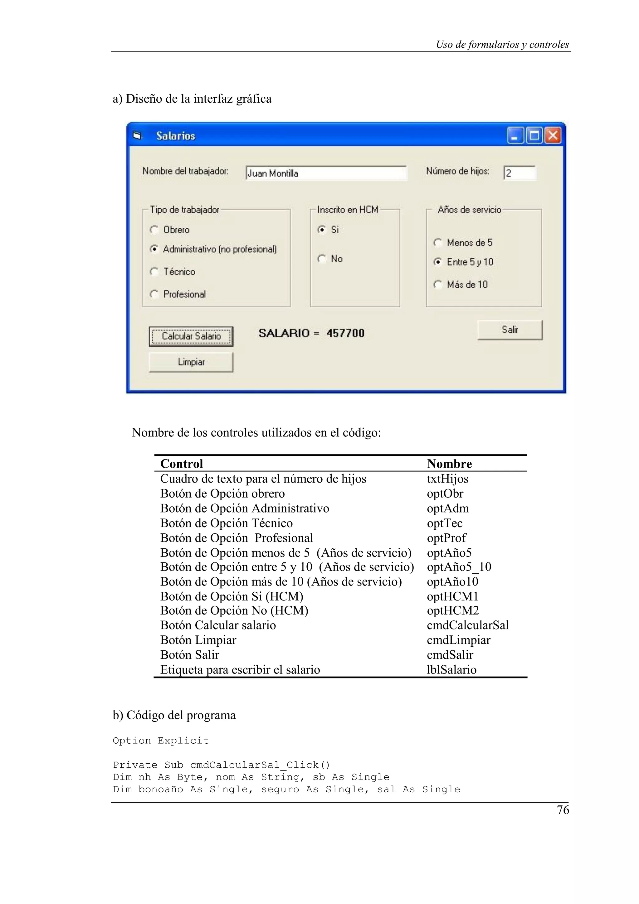 76
Uso de formularios y controles
a) Diseño de la interfaz gráfica
Nombre de los controles utilizados en el código:
Control Nombre
Cuadro de texto para el número de hijos txtHijos
Botón de Opción obrero optObr
Botón de Opción Administrativo optAdm
Botón de Opción Técnico optTec
Botón de Opción Profesional optProf
Botón de Opción menos de 5 (Años de servicio) optAño5
Botón de Opción entre 5 y 10 (Años de servicio) optAño5_10
Botón de Opción más de 10 (Años de servicio) optAño10
Botón de Opción Si (HCM) optHCM1
Botón de Opción No (HCM) optHCM2
Botón Calcular salario cmdCalcularSal
Botón Limpiar cmdLimpiar
Botón Salir cmdSalir
Etiqueta para escribir el salario lblSalario
b) Código del programa
Option Explicit
Private Sub cmdCalcularSal_Click()
Dim nh As Byte, nom As String, sb As Single
Dim bonoaño As Single, seguro As Single, sal As Single
 
