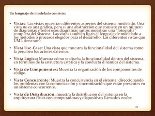 Un lenguaje de modelado consiste:

• Vistas: Las vistas muestran diferentes aspectos del sistema modelado. Una
vista no es una gráfica, pero sí una abstracción que consiste en un número
de diagramas y todos esos diagramas juntos muestran una "fotografía"
completa del sistema. Las vistas también ligan el lenguaje de modelado a
los métodos o procesos elegidos para el desarrollo. Las diferentes vistas que
UML tiene son:
• Vista Use-Case: Una vista que muestra la funcionalidad del sistema como
la perciben los actores externos.
• Vista Lógica: Muestra cómo se diseña la funcionalidad dentro del sistema,
en términos de la estructura estática y la conducta dinámica del sistema.
• Vista de Componentes: Muestra la organización de los componentes de
código.
• Vista Concurrente: Muestra la concurrencia en el sistema, direccionando
los problemas con la comunicación y sincronización que están presentes en
un sistema concurrente.
• Vista de Distribución: muestra la distribución del sistema en la
arquitectura física con computadoras y dispositivos llamados nodos.
28

 
