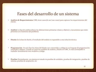 Fases del desarrollo de un sistema
•

Análisis de Requerimientos UML tiene casos de uso (use-cases) para capturar los requerimientos del
cliente.

•

Análisis La fase de análisis abarca las abstracciones primarias (clases y objetos) y mecanismos que están
presentes en el dominio del problema

•

Diseño En la fase de diseño, el resultado del análisis es expandido a una solución técnica

•

Programación En esta fase las clases del diseño son convertidas a código en un lenguaje de programación
orientado a objetos. Cuando se crean los modelos de análisis y diseño en UML, lo más aconsejable es
trasladar mentalmente esos modelos a código.

•

Pruebas Normalmente, un sistema es tratado en pruebas de unidades, pruebas de integración, pruebas de
sistema, pruebas de aceptación, etc
32

 