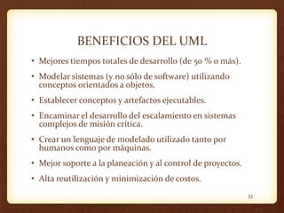 BENEFICIOS DEL UML
• Mejores tiempos totales de desarrollo (de 50 % o más).

• Modelar sistemas (y no sólo de software) utilizando
conceptos orientados a objetos.
• Establecer conceptos y artefactos ejecutables.
• Encaminar el desarrollo del escalamiento en sistemas
complejos de misión crítica.
• Crear un lenguaje de modelado utilizado tanto por
humanos como por máquinas.
• Mejor soporte a la planeación y al control de proyectos.

• Alta reutilización y minimización de costos.
33

 