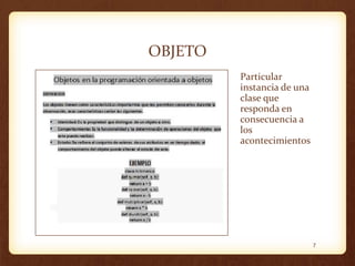 OBJETO
Particular
instancia de una
clase que
responda en
consecuencia a
los
acontecimientos

7

 