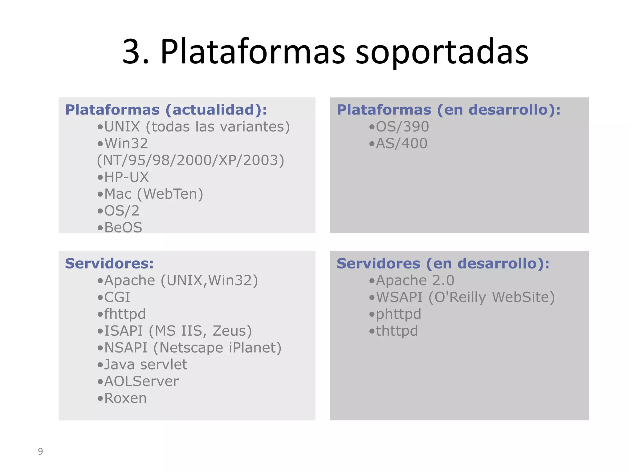 3. Plataformas soportadas
    Plataformas (actualidad):         Plataformas (en desarrollo):
        •UNIX (todas las variantes)       •OS/390
        •Win32                            •AS/400
        (NT/95/98/2000/XP/2003)
        •HP-UX
        •Mac (WebTen)
        •OS/2
        •BeOS

    Servidores:                       Servidores (en desarrollo):
        •Apache (UNIX,Win32)              •Apache 2.0
        •CGI                              •WSAPI (O'Reilly WebSite)
        •fhttpd                           •phttpd
        •ISAPI (MS IIS, Zeus)             •thttpd
        •NSAPI (Netscape iPlanet)
        •Java servlet
        •AOLServer
        •Roxen


9
 