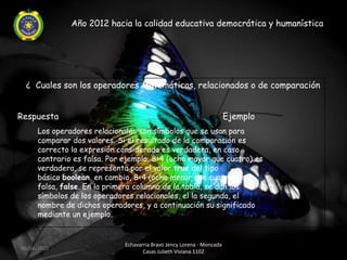 Año 2012 hacia la calidad educativa democrática y humanística




 ¿ Cuales son los operadores Matemáticas, relacionados o de comparación


Respuesta                                                              Ejemplo
     Los operadores relacionales son símbolos que se usan para
     comparar dos valores. Si el resultado de la comparación es
     correcto la expresión considerada es verdadera, en caso
     contrario es falsa. Por ejemplo, 8>4 (ocho mayor que cuatro) es
     verdadera, se representa por el valor true del tipo
     básico boolean, en cambio, 8<4 (ocho menor que cuatro) es
     falsa, false. En la primera columna de la tabla, se dan los
     símbolos de los operadores relacionales, el la segunda, el
     nombre de dichos operadores, y a continuación su significado
     mediante un ejemplo.


                             Echavarria Bravo Jency Lorena - Moncada
06/04/2012
                                    Casas Julieth Viviana 1102
 