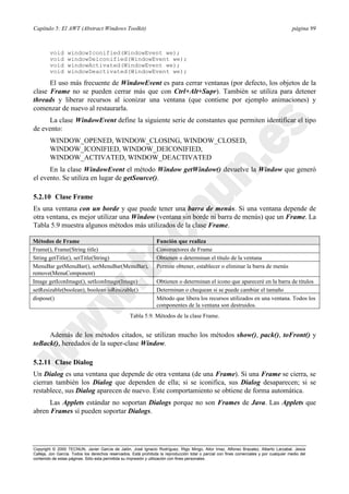 Capítulo 5: El AWT (Abstract Windows Toolkit) página 99
Copyright © 2000 TECNUN, Javier García de Jalón, José Ignacio Rodríguez, Íñigo Mingo, Aitor Imaz, Alfonso Brazalez, Alberto Larzabal, Jesús
Calleja, Jon García. Todos los derechos reservados. Está prohibida la reproducción total o parcial con fines comerciales y por cualquier medio del
contenido de estas páginas. Sólo esta permitida su impresión y utilización con fines personales.
void windowIconified(WindowEvent we);
void windowDeiconified(WindowEvent we);
void windowActivated(WindowEvent we);
void windowDeactivated(WindowEvent we);
El uso más frecuente de WindowEvent es para cerrar ventanas (por defecto, los objetos de la
clase Frame no se pueden cerrar más que con Ctrl+Alt+Supr). También se utiliza para detener
threads y liberar recursos al iconizar una ventana (que contiene por ejemplo animaciones) y
comenzar de nuevo al restaurarla.
La clase WindowEvent define la siguiente serie de constantes que permiten identificar el tipo
de evento:
WINDOW_OPENED, WINDOW_CLOSING, WINDOW_CLOSED,
WINDOW_ICONIFIED, WINDOW_DEICONIFIED,
WINDOW_ACTIVATED, WINDOW_DEACTIVATED
En la clase WindowEvent el método Window getWindow() devuelve la Window que generó
el evento. Se utiliza en lugar de getSource().
5.2.10 Clase Frame
Es una ventana con un borde y que puede tener una barra de menús. Si una ventana depende de
otra ventana, es mejor utilizar una Window (ventana sin borde ni barra de menús) que un Frame. La
Tabla 5.9 muestra algunos métodos más utilizados de la clase Frame.
Además de los métodos citados, se utilizan mucho los métodos show(), pack(), toFront() y
toBack(), heredados de la super-clase Window.
5.2.11 Clase Dialog
Un Dialog es una ventana que depende de otra ventana (de una Frame). Si una Frame se cierra, se
cierran también los Dialog que dependen de ella; si se iconifica, sus Dialog desaparecen; si se
restablece, sus Dialog aparecen de nuevo. Este comportamiento se obtiene de forma automática.
Las Applets estándar no soportan Dialogs porque no son Frames de Java. Las Applets que
abren Frames sí pueden soportar Dialogs.
Métodos de Frame Función que realiza
Frame(), Frame(String title) Constructores de Frame
String getTitle(), setTitle(String) Obtienen o determinan el título de la ventana
MenuBar getMenuBar(), setMenuBar(MenuBar),
remove(MenuComponent)
Permite obtener, establecer o eliminar la barra de menús
Image getIconImage(), setIconImage(Image) Obtienen o determinan el icono que apareceré en la barra de títulos
setResizable(boolean), boolean isResizable() Determinan o chequean si se puede cambiar el tamaño
dispose() Método que libera los recursos utilizados en una ventana. Todos los
componentes de la ventana son destruidos.
Tabla 5.9. Métodos de la clase Frame.
 
