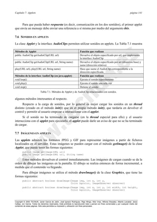 Capítulo 7: Applets página 141
Copyright © 2000 TECNUN, Javier García de Jalón, José Ignacio Rodríguez, Íñigo Mingo, Aitor Imaz, Alfonso Brazalez, Alberto Larzabal, Jesús
Calleja, Jon García. Todos los derechos reservados. Está prohibida la reproducción total o parcial con fines comerciales y por cualquier medio del
contenido de estas páginas. Sólo esta permitida su impresión y utilización con fines personales.
Para que pueda haber respuesta (es decir, comunicación en los dos sentidos), el primer applet
que envía un mensaje debe enviar una referencia a sí misma por medio del argumento this.
7.6 SONIDOS EN APPLETS
La clase Applet y la interface AudioClips permiten utilizar sonidos en applets. La Tabla 7.1 muestra
algunos métodos interesantes al respecto.
Respecto a la carga de sonidos, por lo general es mejor cargar los sonidos en un thread
distinto (creado en el método init()) que en el propio método init(), que tardaría en devolver el
control y permitir al usuario empezar a interaccionar con el applet.
Si el sonido no ha terminado de cargarse (en la thread especial para ello) y el usuario
interacciona con el applet para ejecutarlo, el applet puede darle un aviso de que no se ha terminado
de cargar.
7.7 IMÁGENES EN APPLETS
Las applets admiten los formatos JPEG y GIF para representar imágenes a partir de ficheros
localizados en el servidor. Estas imágenes se pueden cargar con el método getImage() de la clase
Applet, que puede tener las formas siguientes:
public Image getImage(URL url)
public Image getImage(URL url, String name)
Estos métodos devuelven el control inmediatamente. Las imágenes de cargan cuando se da la
orden de dibujar las imágenes en la pantalla. El dibujo se realiza entonces de forma incremental, a
medida que el contenido va llegando.
Para dibujar imágenes se utiliza el método drawImage() de la clase Graphics, que tiene las
formas siguientes:
public abstract boolean drawImage(Image img, int x, int y,
Color bgcolor, ImageObserver observer)
public abstract boolean drawImage(Image img, int x, int y, int width, int height,
Color bgcolor, ImageObserver observer)
Métodos de Applet Función que realizan
public AudioClip getAudioClip(URL url) Devuelve el objeto especificado por url, que implementa
la interface AudioClip
public AudioClip getAudioClip(URL url, String name) Devuelve el objeto especificado por url (dirección base) y
name (dirección relativa)
play(URL url), play(URL url, String name) Hace que suene el AudioClip correspondiente a la
dirección especificada
Métodos de la interface AudioClip (en java.applet) Función que realizan
void loop() Ejecuta el sonido repetidamente
void play() Ejecuta el sonido una sola vez
void stop() Detiene el sonido
Tabla 7.1. Métodos de Applet y de AudioClip relacionados con sonidos.
 