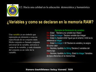 2012: Hacia una calidad en la educación democrática y humanística




                                                     Ejemplos de Declaración de variables:
                                         Dim Edad 'Declara una variable tipo Object
Una variable es un símbolo que           Dim Edad As Integer 'Declara variable tipo Integer
representa un elemento o cosa no         Dim Edad As System.Int32 'Igual que el anterior. Int32 es la
especificada de un conjunto dado.        referencia a Integer
Dicho conjunto es llamado conjunto       Dim Edad As Integer = 50 'Declara la variable y le asigna
universal de la variable, universo o     50 como valor
variar de la variable, y cada elemento   Dim Nombre, Apellido As String 'Declara 2 variables del
del conjunto es un valor de la           mismo tipo
variable.                                Dim Nombre, Apellido As String, Edad As Integer 'Variables
                                         de tipos diferentes en la misma línea




                    Forero Castiblanco Deisy Yurani 1103
 