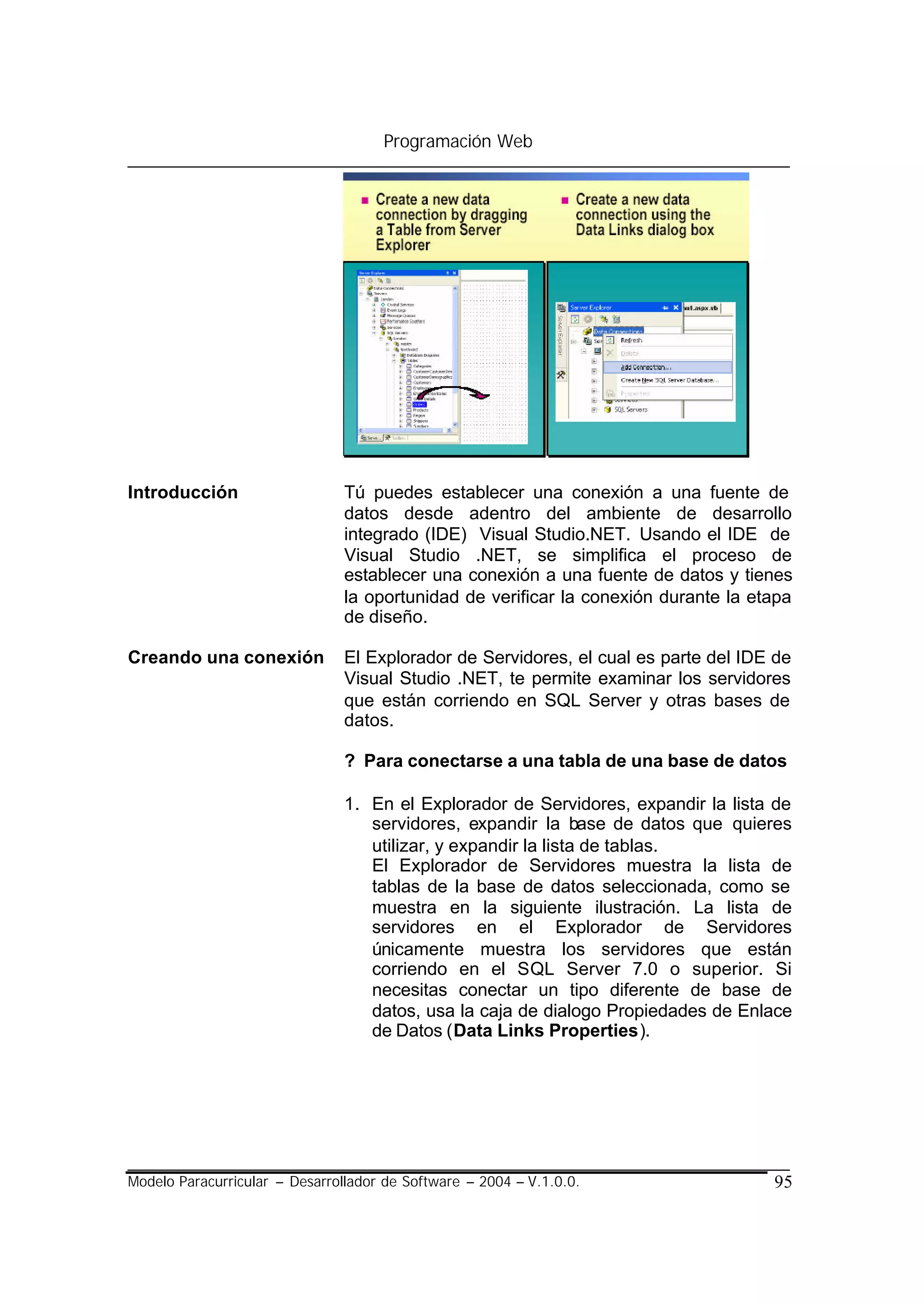 Programación Web




Introducción                    Tú puedes establecer una conexión a una fuente de
                                datos desde adentro del ambiente de desarrollo
                                integrado (IDE) Visual Studio.NET. Usando el IDE de
                                Visual Studio .NET, se simplifica el proceso de
                                establecer una conexión a una fuente de datos y tienes
                                la oportunidad de verificar la conexión durante la etapa
                                de diseño.

Creando una conexión            El Explorador de Servidores, el cual es parte del IDE de
                                Visual Studio .NET, te permite examinar los servidores
                                que están corriendo en SQL Server y otras bases de
                                datos.

                                ? Para conectarse a una tabla de una base de datos

                                1. En el Explorador de Servidores, expandir la lista de
                                   servidores, expandir la base de datos que quieres
                                   utilizar, y expandir la lista de tablas.
                                   El Explorador de Servidores muestra la lista de
                                   tablas de la base de datos seleccionada, como se
                                   muestra en la siguiente ilustración. La lista de
                                   servidores en el Explorador de Servidores
                                   únicamente muestra los servidores que están
                                   corriendo en el SQL Server 7.0 o superior. Si
                                   necesitas conectar un tipo diferente de base de
                                   datos, usa la caja de dialogo Propiedades de Enlace
                                   de Datos (Data Links Properties).




Modelo Paracurricular – Desarrollador de Software – 2004 – V.1.0.0.                  95
 