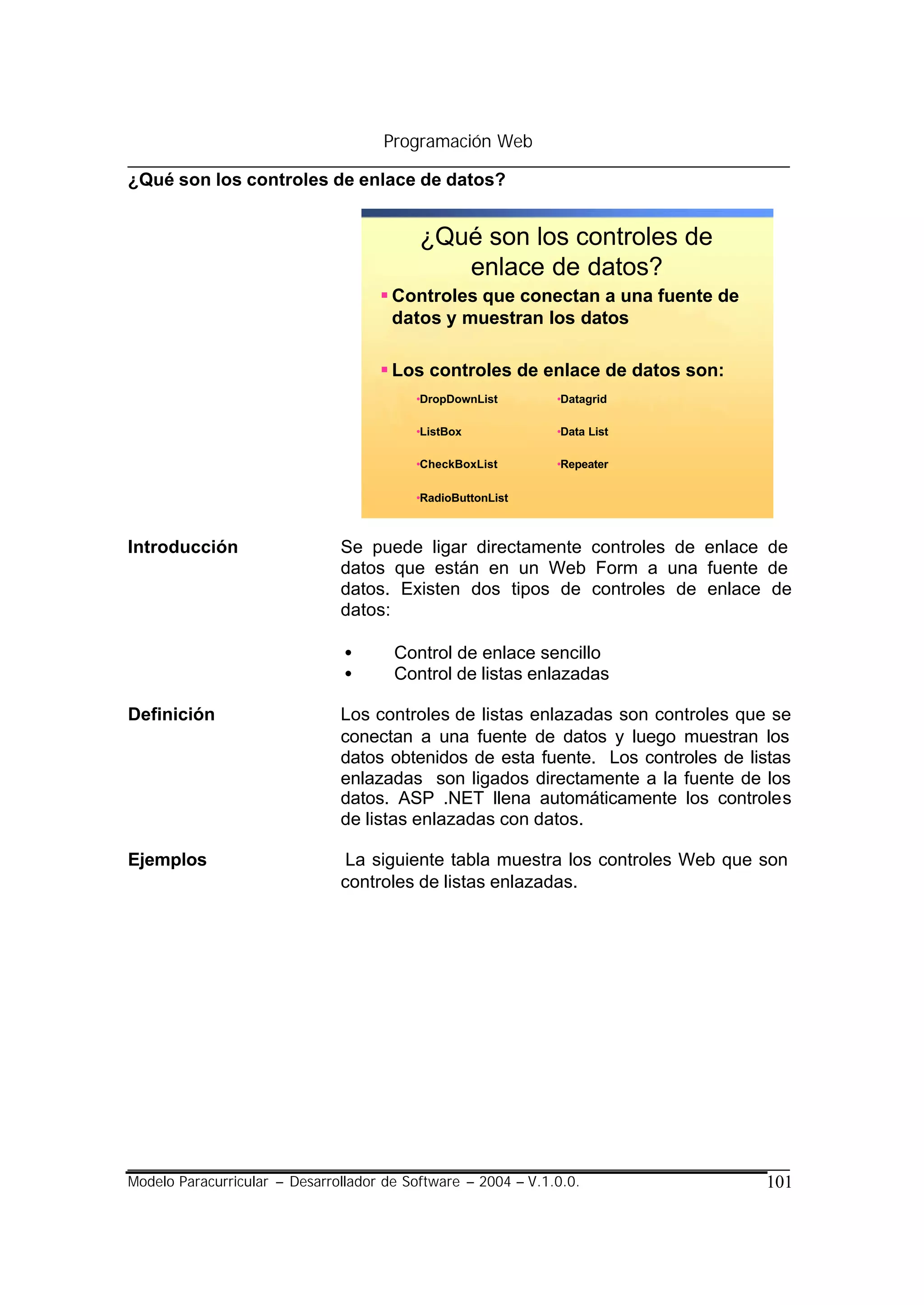 Programación Web

¿Qué son los controles de enlace de datos?


                                           ¿Qué son los controles de
                                              enlace de datos?
                                     § Controles que conectan a una fuente de
                                       datos y muestran los datos

                                     § Los controles de enlace de datos son:
                                          •DropDownList        •Datagrid

                                          •ListBox             •Data List

                                          •CheckBoxList        •Repeater

                                          •RadioButtonList



Introducción                   Se puede ligar directamente controles de enlace de
                               datos que están en un Web Form a una fuente de
                               datos. Existen dos tipos de controles de enlace de
                               datos:

                                •      Control de enlace sencillo
                                •      Control de listas enlazadas

Definición                     Los controles de listas enlazadas son controles que se
                               conectan a una fuente de datos y luego muestran los
                               datos obtenidos de esta fuente. Los controles de listas
                               enlazadas son ligados directamente a la fuente de los
                               datos. ASP .NET llena automáticamente los controles
                               de listas enlazadas con datos.

Ejemplos                        La siguiente tabla muestra los controles Web que son
                               controles de listas enlazadas.




Modelo Paracurricular – Desarrollador de Software – 2004 – V.1.0.0.               101
 