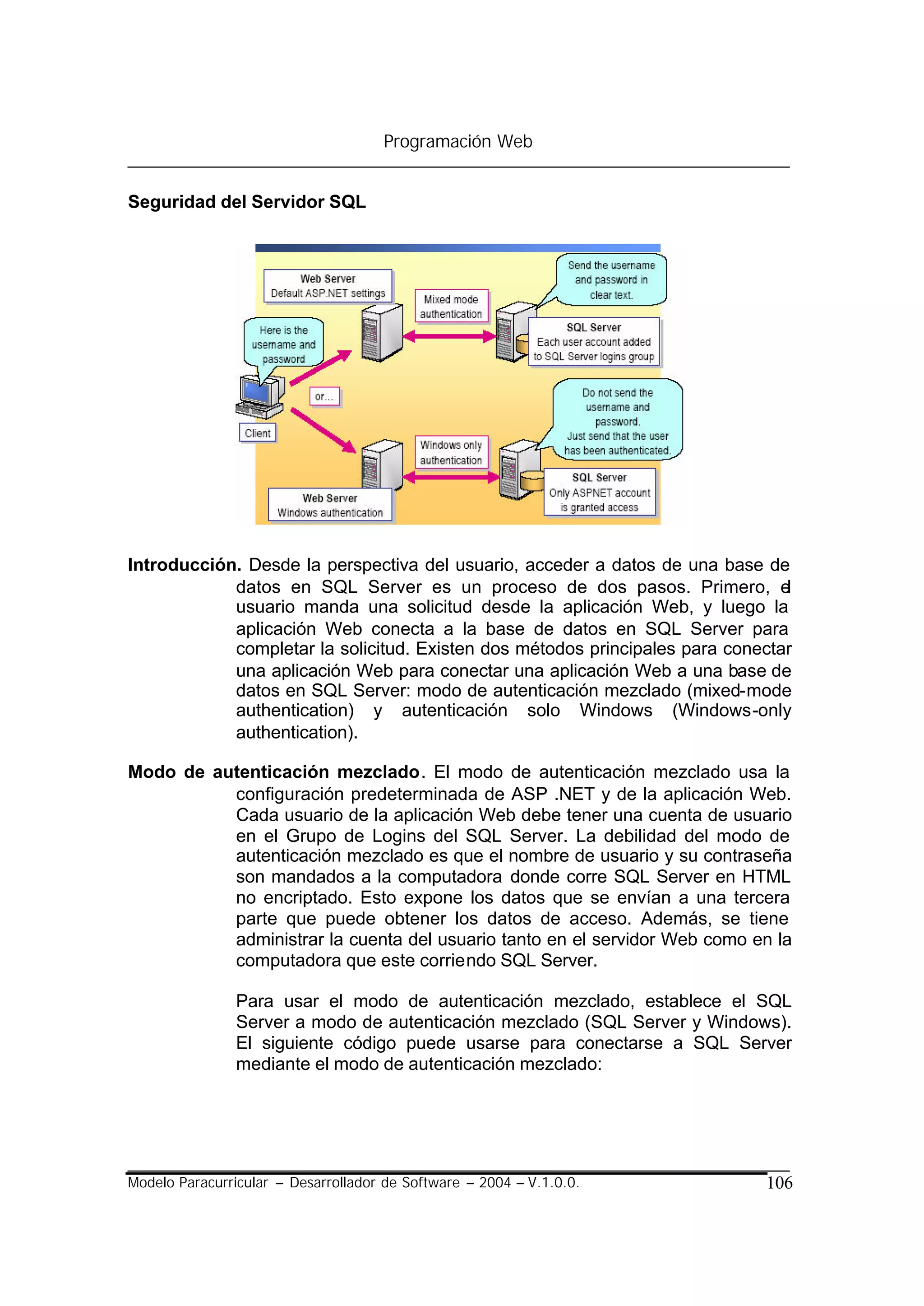 Programación Web


Seguridad del Servidor SQL




Introducción. Desde la perspectiva del usuario, acceder a datos de una base de
            datos en SQL Server es un proceso de dos pasos. Primero, el
            usuario manda una solicitud desde la aplicación Web, y luego la
            aplicación Web conecta a la base de datos en SQL Server para
            completar la solicitud. Existen dos métodos principales para conectar
            una aplicación Web para conectar una aplicación Web a una base de
            datos en SQL Server: modo de autenticación mezclado (mixed-mode
            authentication) y autenticación solo Windows (Windows-only
            authentication).

Modo de autenticación mezclado. El modo de autenticación mezclado usa la
          configuración predeterminada de ASP .NET y de la aplicación Web.
          Cada usuario de la aplicación Web debe tener una cuenta de usuario
          en el Grupo de Logins del SQL Server. La debilidad del modo de
          autenticación mezclado es que el nombre de usuario y su contraseña
          son mandados a la computadora donde corre SQL Server en HTML
          no encriptado. Esto expone los datos que se envían a una tercera
          parte que puede obtener los datos de acceso. Además, se tiene
          administrar la cuenta del usuario tanto en el servidor Web como en la
          computadora que este corriendo SQL Server.

                Para usar el modo de autenticación mezclado, establece el SQL
                Server a modo de autenticación mezclado (SQL Server y Windows).
                El siguiente código puede usarse para conectarse a SQL Server
                mediante el modo de autenticación mezclado:




Modelo Paracurricular – Desarrollador de Software – 2004 – V.1.0.0.          106
 