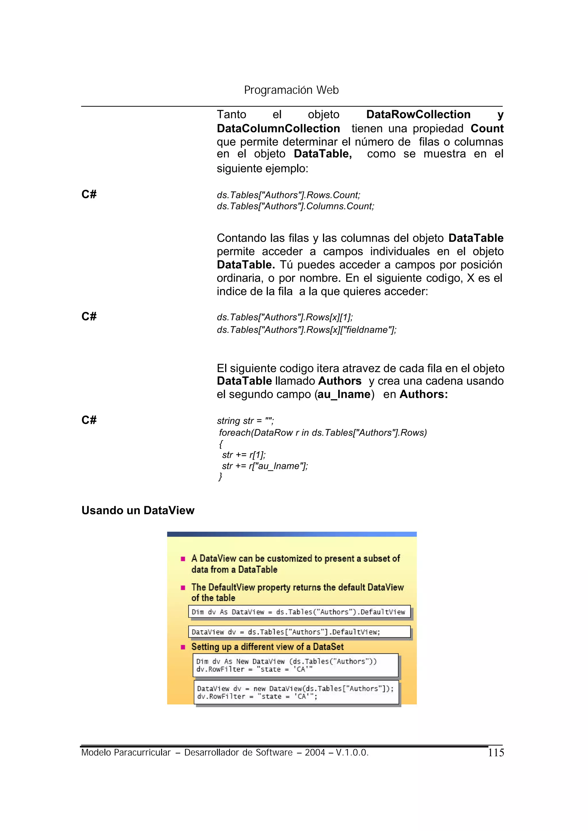 Programación Web

                               Tanto      el     objeto    DataRowCollection      y
                               DataColumnCollection tienen una propiedad Count
                               que permite determinar el número de filas o columnas
                               en el objeto DataTable, como se muestra en el
                               siguiente ejemplo:

C#                             ds.Tables["Authors"].Rows.Count;
                               ds.Tables["Authors"].Columns.Count;


                               Contando las filas y las columnas del objeto DataTable
                               permite acceder a campos individuales en el objeto
                               DataTable. Tú puedes acceder a campos por posición
                               ordinaria, o por nombre. En el siguiente codigo, X es el
                               indice de la fila a la que quieres acceder:

C#                             ds.Tables["Authors"].Rows[x][1];
                               ds.Tables["Authors"].Rows[x]["fieldname"];



                               El siguiente codigo itera atravez de cada fila en el objeto
                               DataTable llamado Authors y crea una cadena usando
                               el segundo campo (au_lname) en Authors:

C#                             string str = "";
                               foreach(DataRow r in ds.Tables["Authors"].Rows)
                               {
                                str += r[1];
                                str += r["au_lname"];
                               }


Usando un DataView




Modelo Paracurricular – Desarrollador de Software – 2004 – V.1.0.0.                   115
 