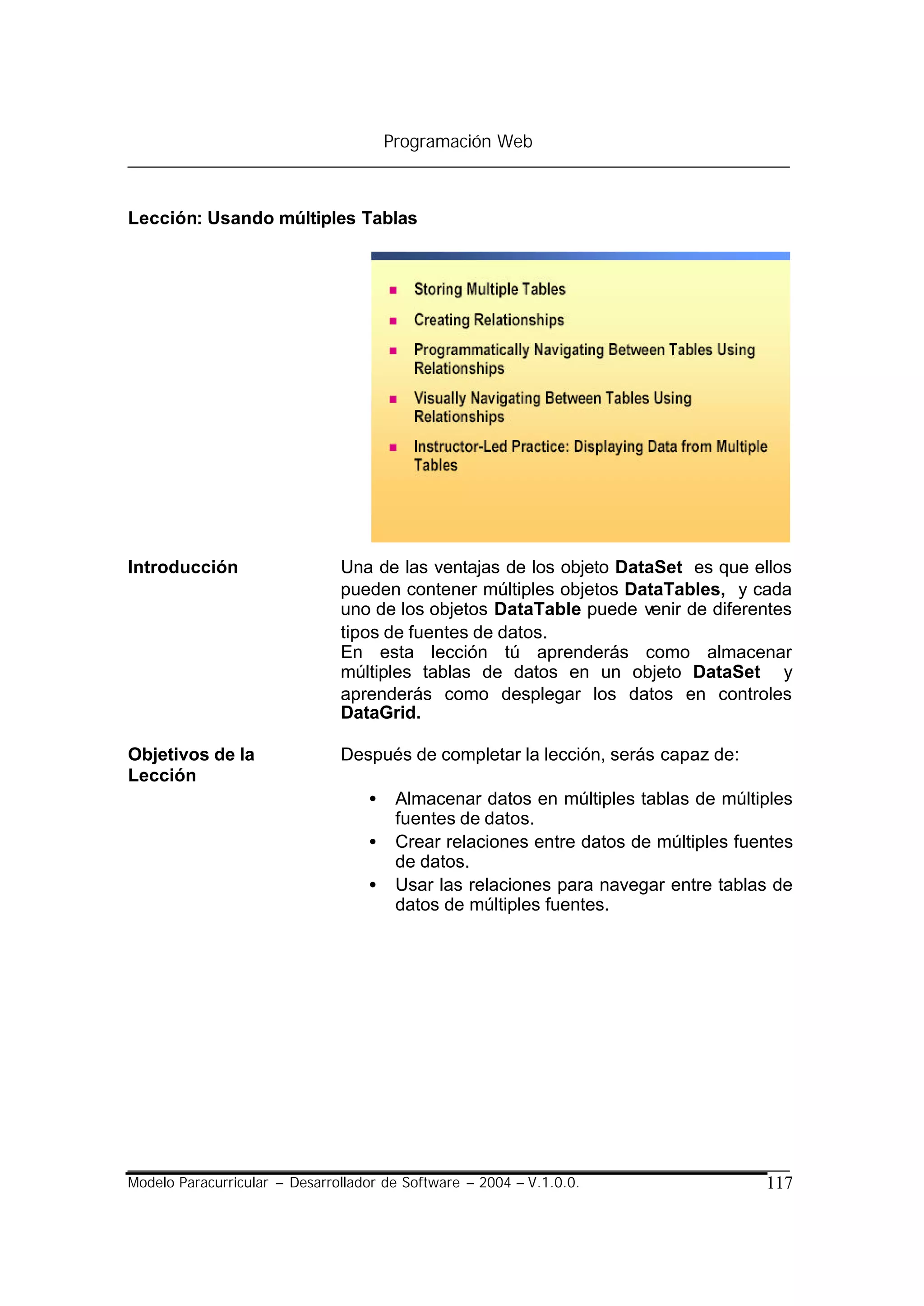 Programación Web



Lección: Usando múltiples Tablas




Introducción                   Una de las ventajas de los objeto DataSet es que ellos
                               pueden contener múltiples objetos DataTables, y cada
                               uno de los objetos DataTable puede venir de diferentes
                               tipos de fuentes de datos.
                               En esta lección tú aprenderás como almacenar
                               múltiples tablas de datos en un objeto DataSet y
                               aprenderás como desplegar los datos en controles
                               DataGrid.

Objetivos de la                Después de completar la lección, serás capaz de:
Lección
                                   •    Almacenar datos en múltiples tablas de múltiples
                                        fuentes de datos.
                                   •    Crear relaciones entre datos de múltiples fuentes
                                        de datos.
                                   •    Usar las relaciones para navegar entre tablas de
                                        datos de múltiples fuentes.




Modelo Paracurricular – Desarrollador de Software – 2004 – V.1.0.0.                  117
 