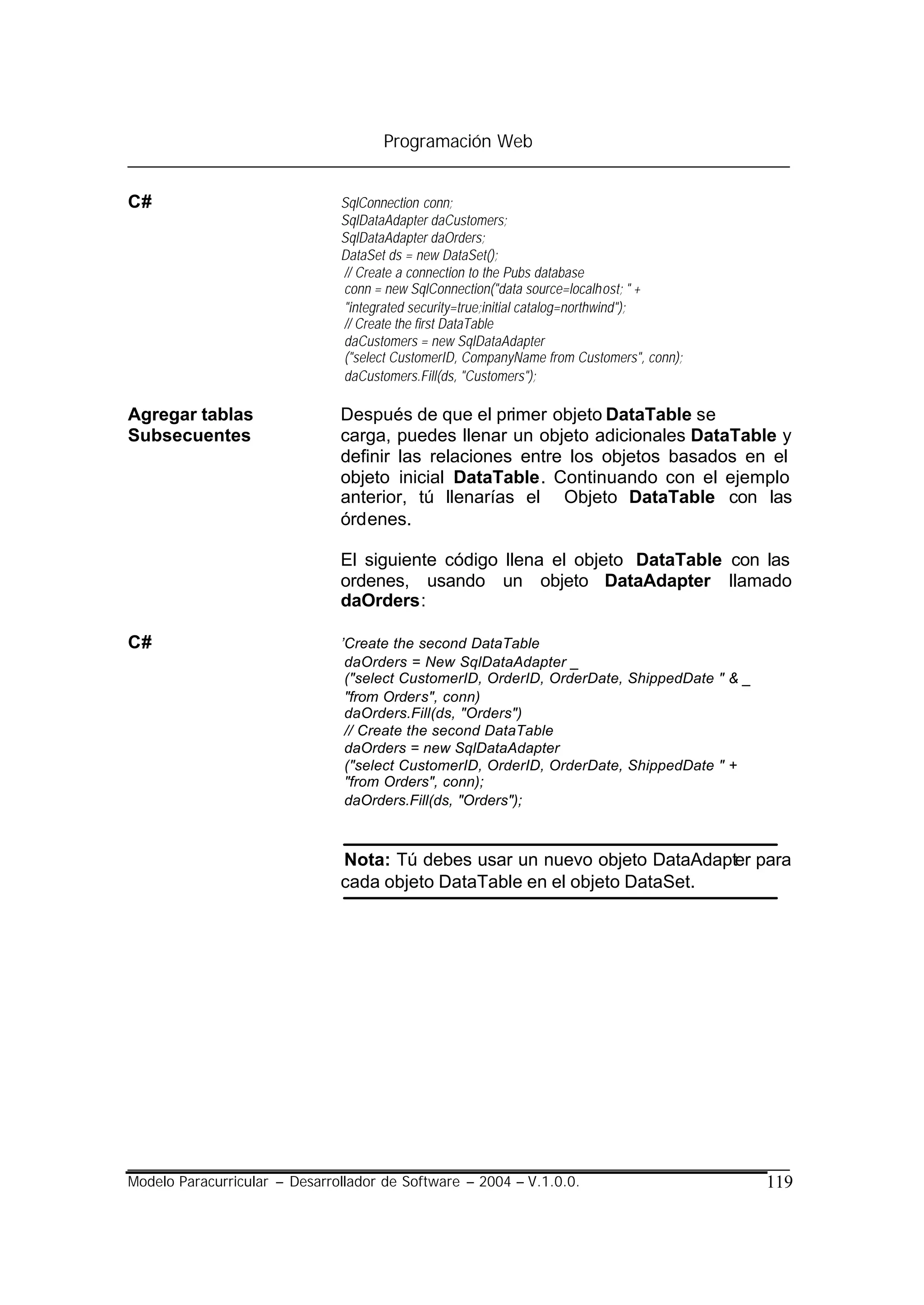 Programación Web


C#                             SqlConnection conn;
                               SqlDataAdapter daCustomers;
                               SqlDataAdapter daOrders;
                               DataSet ds = new DataSet();
                               // Create a connection to the Pubs database
                               conn = new SqlConnection("data source=localhost; " +
                               "integrated security=true;initial catalog=northwind");
                               // Create the first DataTable
                               daCustomers = new SqlDataAdapter
                               ("select CustomerID, CompanyName from Customers", conn);
                               daCustomers.Fill(ds, "Customers");

Agregar tablas                 Después de que el primer objeto DataTable se
Subsecuentes                   carga, puedes llenar un objeto adicionales DataTable y
                               definir las relaciones entre los objetos basados en el
                               objeto inicial DataTable. Continuando con el ejemplo
                               anterior, tú llenarías el Objeto DataTable con las
                               órdenes.

                               El siguiente código llena el objeto DataTable con las
                               ordenes, usando un objeto DataAdapter llamado
                               daOrders:

C#                             ’Create the second DataTable
                                daOrders = New SqlDataAdapter _
                                ("select CustomerID, OrderID, OrderDate, ShippedDate " & _
                                "from Orders", conn)
                                daOrders.Fill(ds, "Orders")
                                // Create the second DataTable
                                daOrders = new SqlDataAdapter
                                ("select CustomerID, OrderID, OrderDate, ShippedDate " +
                                "from Orders", conn);
                                daOrders.Fill(ds, "Orders");



                               Nota: Tú debes usar un nuevo objeto DataAdapter para
                               cada objeto DataTable en el objeto DataSet.




Modelo Paracurricular – Desarrollador de Software – 2004 – V.1.0.0.                          119
 