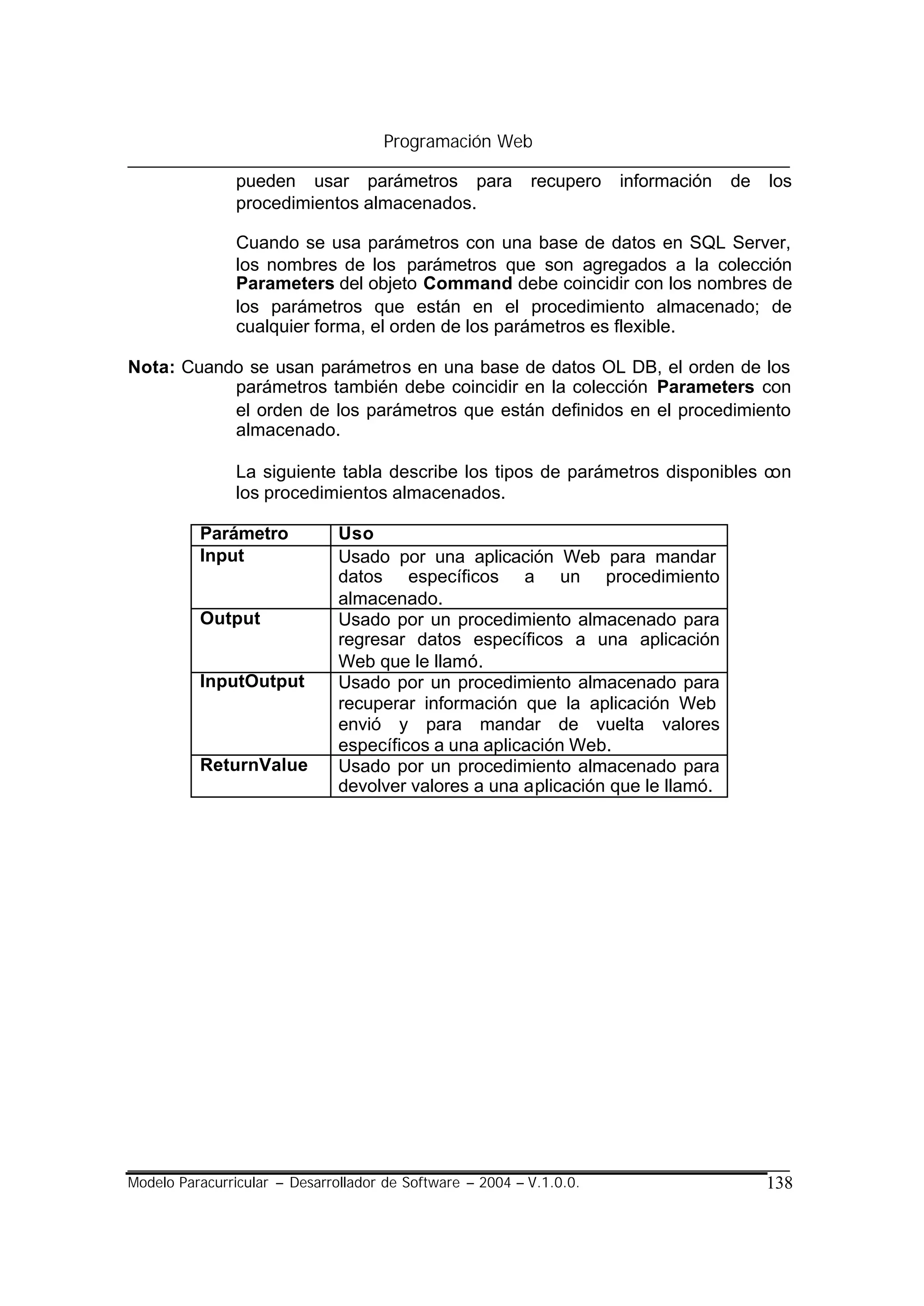 Programación Web

                pueden usar parámetros para                recupero   información   de   los
                procedimientos almacenados.

                Cuando se usa parámetros con una base de datos en SQL Server,
                los nombres de los parámetros que son agregados a la colección
                Parameters del objeto Command debe coincidir con los nombres de
                los parámetros que están en el procedimiento almacenado; de
                cualquier forma, el orden de los parámetros es flexible.

Nota: Cuando se usan parámetros en una base de datos OL DB, el orden de los
           parámetros también debe coincidir en la colección Parameters con
           el orden de los parámetros que están definidos en el procedimiento
           almacenado.

                La siguiente tabla describe los tipos de parámetros disponibles con
                los procedimientos almacenados.

          Parámetro            Uso
          Input                Usado por una aplicación Web para mandar
                               datos específicos a un procedimiento
                               almacenado.
          Output               Usado por un procedimiento almacenado para
                               regresar datos específicos a una aplicación
                               Web que le llamó.
          InputOutput          Usado por un procedimiento almacenado para
                               recuperar información que la aplicación Web
                               envió y para mandar de vuelta valores
                               específicos a una aplicación Web.
          ReturnValue          Usado por un procedimiento almacenado para
                               devolver valores a una aplicación que le llamó.




Modelo Paracurricular – Desarrollador de Software – 2004 – V.1.0.0.                      138
 