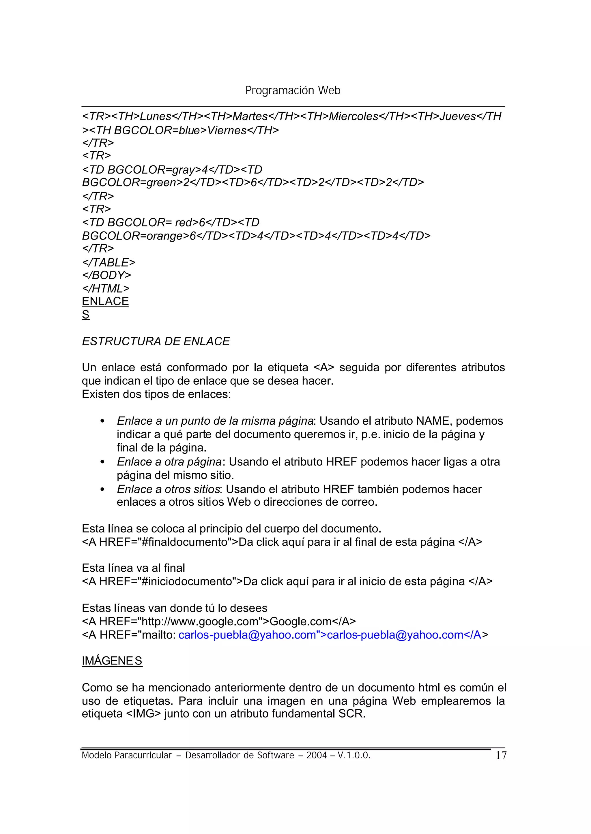 Programación Web

<TR><TH>Lunes</TH><TH>Martes</TH><TH>Miercoles</TH><TH>Jueves</TH
><TH BGCOLOR=blue>Viernes</TH>
</TR>
<TR>
<TD BGCOLOR=gray>4</TD><TD
BGCOLOR=green>2</TD><TD>6</TD><TD>2</TD><TD>2</TD>
</TR>
<TR>
<TD BGCOLOR= red>6</TD><TD
BGCOLOR=orange>6</TD><TD>4</TD><TD>4</TD><TD>4</TD>
</TR>
</TABLE>
</BODY>
</HTML>
ENLACE
S

ESTRUCTURA DE ENLACE

Un enlace está conformado por la etiqueta <A> seguida por diferentes atributos
que indican el tipo de enlace que se desea hacer.
Existen dos tipos de enlaces:

    •   Enlace a un punto de la misma página: Usando el atributo NAME, podemos
        indicar a qué parte del documento queremos ir, p.e. inicio de la página y
        final de la página.
    •   Enlace a otra página: Usando el atributo HREF podemos hacer ligas a otra
        página del mismo sitio.
    •   Enlace a otros sitios: Usando el atributo HREF también podemos hacer
        enlaces a otros sitios Web o direcciones de correo.

Esta línea se coloca al principio del cuerpo del documento.
<A HREF="#finaldocumento">Da click aquí para ir al final de esta página </A>

Esta línea va al final
<A HREF="#iniciodocumento">Da click aquí para ir al inicio de esta página </A>

Estas líneas van donde tú lo desees
<A HREF="http://www.google.com">Google.com</A>
<A HREF="mailto: carlos-puebla@yahoo.com">carlos-puebla@yahoo.com</A>

IMÁGENE S

Como se ha mencionado anteriormente dentro de un documento html es común el
uso de etiquetas. Para incluir una imagen en una página Web emplearemos la
etiqueta <IMG> junto con un atributo fundamental SCR.


Modelo Paracurricular – Desarrollador de Software – 2004 – V.1.0.0.              17
 