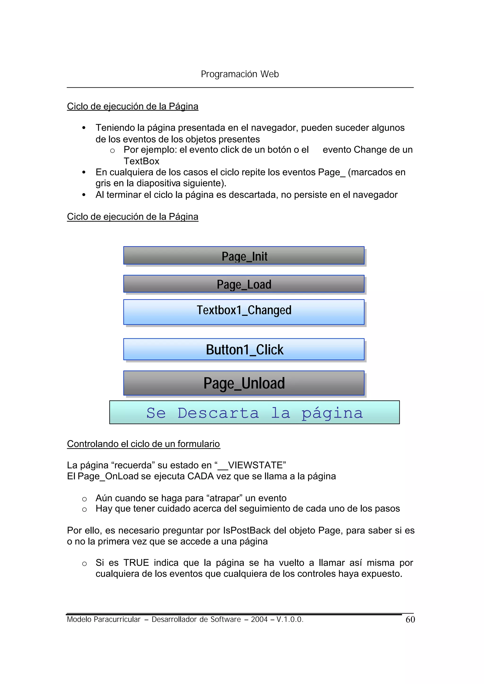 Programación Web


Ciclo de ejecución de la Página

    •   Teniendo la página presentada en el navegador, pueden suceder algunos
        de los eventos de los objetos presentes
            o Por ejemplo: el evento click de un botón o el evento Change de un
               TextBox
    •   En cualquiera de los casos el ciclo repite los eventos Page_ (marcados en
        gris en la diapositiva siguiente).
    •   Al terminar el ciclo la página es descartada, no persiste en el navegador

Ciclo de ejecución de la Página



                                           Page_Init

                                          Page_Load

                                    Textbox1_Changed


                                       Button1_Click

                                      Page_Unload
                      Se Descarta la página
Controlando el ciclo de un formulario

La página “recuerda” su estado en “__VIEWSTATE”
El Page_OnLoad se ejecuta CADA vez que se llama a la página

    o Aún cuando se haga para “atrapar” un evento
    o Hay que tener cuidado acerca del seguimiento de cada uno de los pasos

Por ello, es necesario preguntar por IsPostBack del objeto Page, para saber si es
o no la primera vez que se accede a una página

    o Si es TRUE indica que la página se ha vuelto a llamar así misma por
      cualquiera de los eventos que cualquiera de los controles haya expuesto.



Modelo Paracurricular – Desarrollador de Software – 2004 – V.1.0.0.            60
 