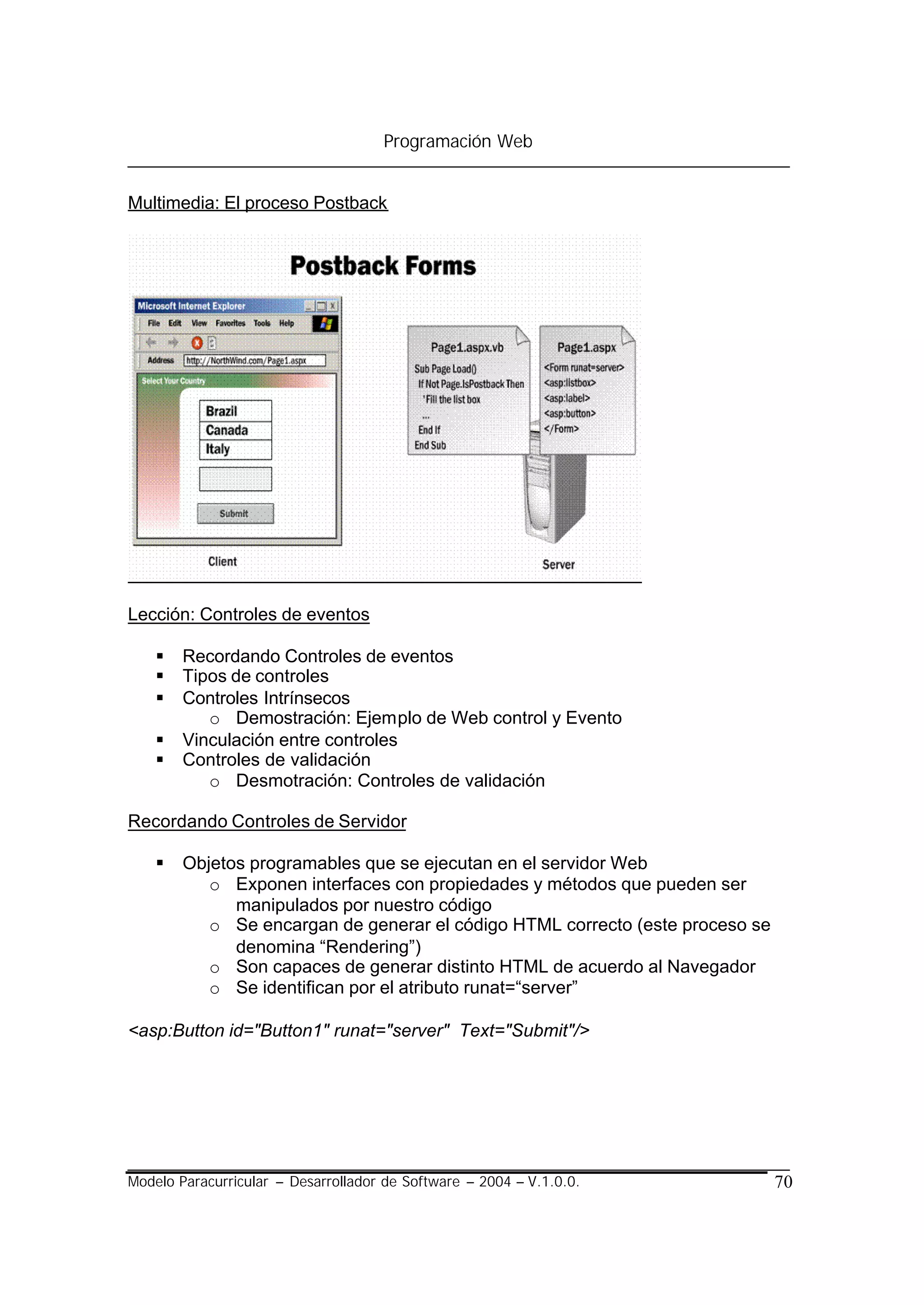 Programación Web


Multimedia: El proceso Postback




Lección: Controles de eventos

    §   Recordando Controles de eventos
    §   Tipos de controles
    §   Controles Intrínsecos
           o Demostración: Ejemplo de Web control y Evento
    §   Vinculación entre controles
    §   Controles de validación
           o Desmotración: Controles de validación

Recordando Controles de Servidor

    §   Objetos programables que se ejecutan en el servidor Web
           o Exponen interfaces con propiedades y métodos que pueden ser
              manipulados por nuestro código
           o Se encargan de generar el código HTML correcto (este proceso se
              denomina “Rendering”)
           o Son capaces de generar distinto HTML de acuerdo al Navegador
           o Se identifican por el atributo runat=“server”

<asp:Button id="Button1" runat="server" Text="Submit"/>




Modelo Paracurricular – Desarrollador de Software – 2004 – V.1.0.0.            70
 