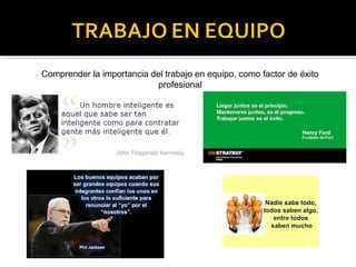 Comprender la importancia del trabajo en equipo, como factor de éxito 
profesional 
 