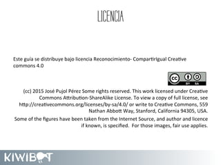 LICENCIA
(
(
(
Este(guía(se(distribuye(bajo(licencia(ReconocimientoN(ComparMrIgual(CreaMve(
commons(4.0((
(
(
(cc)(2015(José(Pujol(Pérez(Some(rights(reserved.(This(work(licensed(under(CreaMve(
Commons(A]ribuMonNShareAlike(License.(To(view(a(copy(of(full(license,(see(((((((((
h]p://creaMvecommons.org/licenses/byNsa/4.0/(or(write(to(CreaMve(Commons,(559(
Nathan(Abbo](Way,(Stanford,(California(94305,(USA.((
Some(of(the(ﬁgures(have(been(taken(from(the(Internet(Source,(and(author(and(licence(
if(known,(is(speciﬁed.((For(those(images,(fair(use(applies.((
 