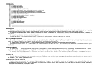 ACTIVIDADES:
- Actividades preverbales
- Actividades de relajación
- Actividades de respiración
- Actividades de praxias bucofonatorias
- Actividades de articulación de los fonemas que pronuncia erróneamente
- Actividades de ritmo para los fonemas que pronuncia erróneamente
- Actividades de generalización de los fonemas que pronuncia erróneamente.
- Actividades de discriminación auditiva.
- Actividades de discriminación fonética y fonológica
- Actividades de morfosintaxis
- Actividades de semántica y léxico.
- Actividades pragmáticas
- Actividades de la voz
- Actividades de metalenguaje
- Actividades de lectoescritura
- Otras ............................................................................................................................................................
- .....................................................................................................................................................................
- .....................................................................................................................................................................
METODOLOGÍA
El trabajo irá encaminado a despertar en el alumno un interés por todo lo que le rodea, y hacerle partícipe de una manera activa en todas las actividades que se han propuesto,
siempre respetando las características propias de su deficiencia y sin dejar tampoco a un lado, el juego como apoyo o ayuda para conseguir el aprendizaje deseado.
El vocabulario que se trabaje debe de tener sentido y utilidad. Hay que tener en cuenta que lo más importante es su comunicación con los demás y el entorno, y fomentarle el
lenguaje oral.
Es importante que utilicemos elementos de motivación positivos.
El trabajo que se lleve a cabo estará coordinado con el de la clase y el niño ha de generalizar en la clase lo aprendido con nosotros,
EVALUACIÓN Y SEGUIMIENTO:
Se llevarán a cabo un seguimiento diario de las sesiones que quedará reflejado en las hojas de seguimiento. Mensualmente tendremos reuniones con la profesora-tutora, para
evaluar los progresos de] alumno y de] programa. Además mantendremos reuniones periódicas con la familia.
Se llevará a cabo un seguimiento continuo y la evolución quedará reflejada en una hoja de seguimiento que previamente realizaremos nosotros.
Trimestralmente, nos reuniremos con la profesora tutora para evaluar tanto la evolución de la niña como la ejecución del programa, detectando de esta manera si precisa alguna
modificación.
TEMPORALIZACIÓN:
Se llevara a cabo ....... sesiones semanales. En estas sesiones se intentará llevar a cabo los objetivos y actividades propuestas anteriormente, de una manera adecuada, y siempre
respetando el ritmo de aprendizaje del alumno, y adaptándolo a sus necesidades, sin que necesariamente se tenga que seguir un esquema rígido.
La superación de los objetivos planteados va a depender en buena parte de los alumnos, sobre todo de su grado de colaboración y motivación ante el trabajo que se le presente.
MATERIALES:
Serán los siguientes: Radiocasetes, cintas, espejos, alimentos, material didáctico, cintas de música, velas, guialenguas, láminas, dibujos, ordenador, colchoneta, balones, material
de respiración y soplo, lotos de vocabulario, etcétera.
COLABORACIÓN CON LAS FAMILIAS:
Mantendremos un primer contacto con la familia en el que le explicaremos el programa que vamos a llevar a cabo con su hijo y pediremos su colaboración. A partir de esta
primera reunión, tendremos una tutoría mensual para evaluar conjuntamente los progresos del niño, tanto en el colegio como en su casa. Este calendario es flexible, dependiendo
siempre de las necesidades del alumno y de la familia.
 