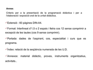 Annex  Criteris per a la presentació de la programació didàctica i per a l’elaboració i exposició oral de la unitat didàctica. Extensió : 60 pàgines DIN-A4.  Format: Interlineat d’1,5 o 2 espais i lletra cos 12 sense comprimir a excepció de les taules (cos 9 sense comprimir). Portada: dades de l’aspirant, cos, especialitat i curs que es programa. Índex: relació de la seqüència numerada de les U.D. Annexos: material didàctic, proves, instruments organitzatius, activitats.. 