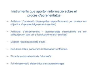 Activitats d’avaluació dissenyades específicament per avaluar els objectius d’aprenentatge (orals i escrites)‏ Activitats d’ensenyament – aprenentatge susceptibles de ser utilitzades en part per a l’avaluació (orals i escrites)‏ Dossier recull d’activitats d’aula Recull de notes, converses i informacions informals Fitxa de autoavaluació de l’alumne/a Full d’observació sistemàtica dels aprenentatges Instruments que aporten informació sobre el procés d'aprenentatge 