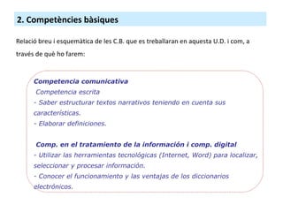 2. Competències bàsiques Relació breu i esquemàtica de les C.B. que es treballaran en aquesta U.D. i com, a través de què ho farem: Competencia comunicativa   Competencia escrita - Saber estructurar textos narrativos teniendo en cuenta sus características. - Elaborar definiciones.   Comp. en el tratamiento de la información i comp. digital - Utilizar las herramientas tecnológicas (Internet, Word) para localizar, seleccionar y procesar información. - Conocer el funcionamiento y las ventajas de los diccionarios electrónicos.   
